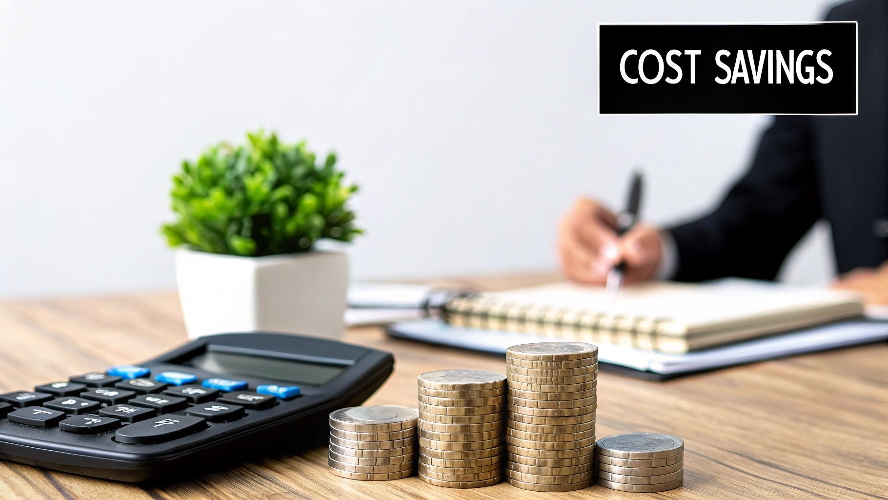 A calculator, stacked coins, and a person writing with a 'COST SAVINGS' banner, symbolizing financial planning.