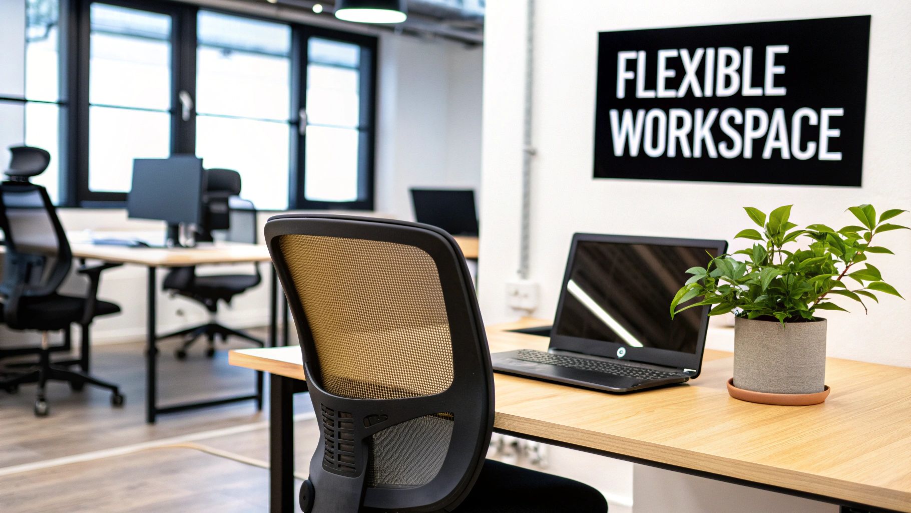 An inviting flexible workspace with modern desks, ergonomic chairs, laptops, and a potted plant.