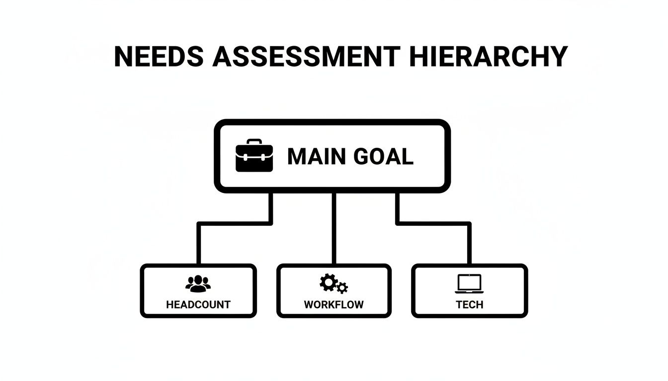 A needs assessment hierarchy diagram illustrating a main goal broken down into headcount, workflow, and technology.