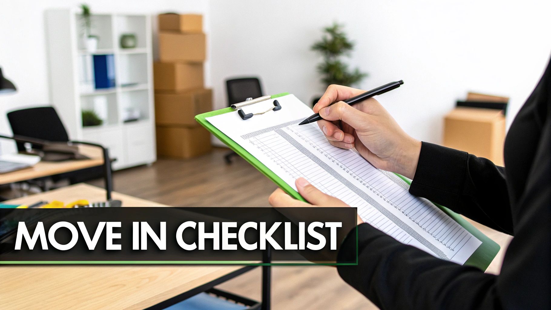 Hands writing on a move-in checklist on a green clipboard in a blurred office setting with moving boxes.