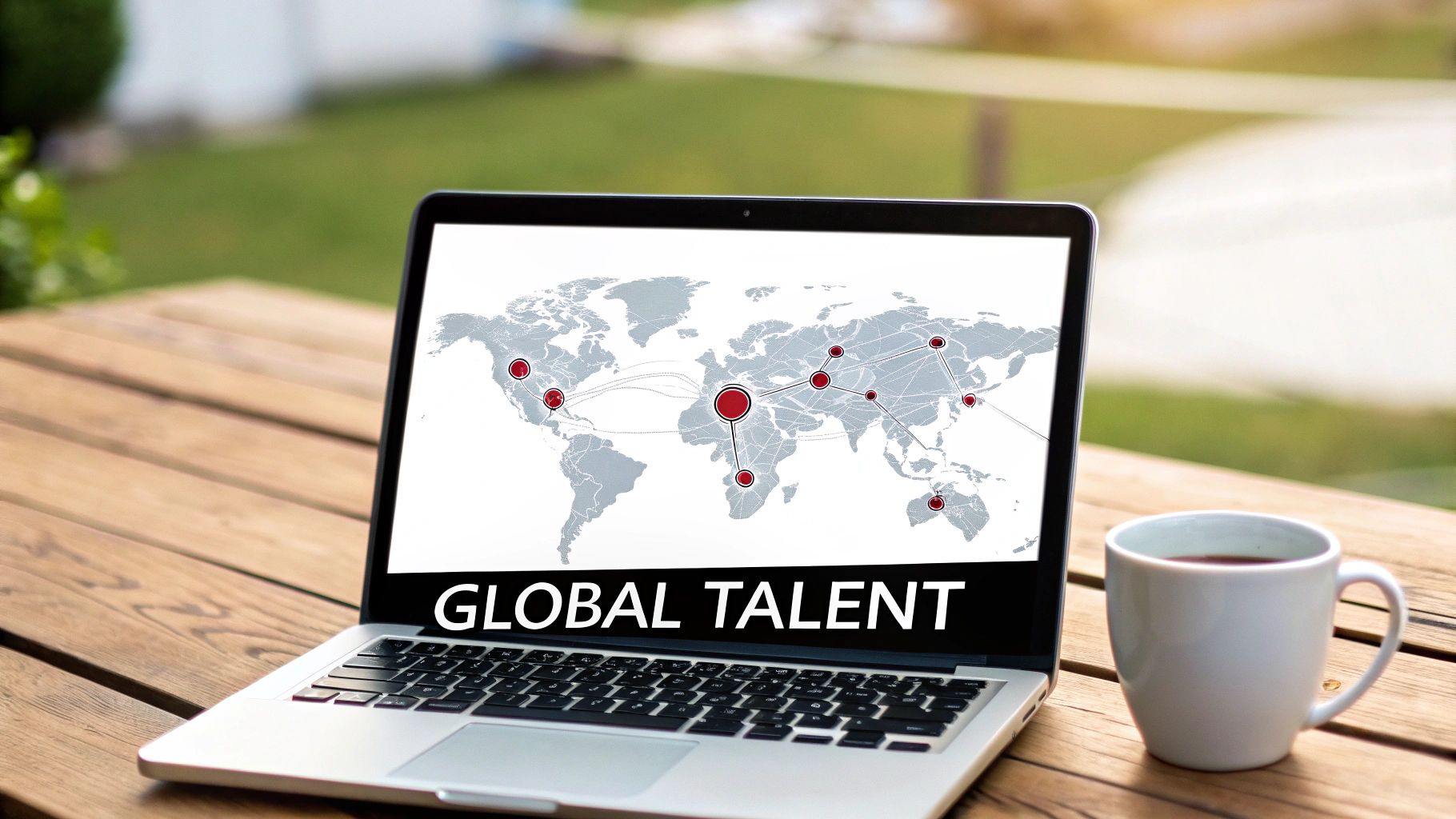 A laptop on a wooden table displays a world map with connected red dots and the words "GLOBAL TALENT." A coffee mug sits nearby.