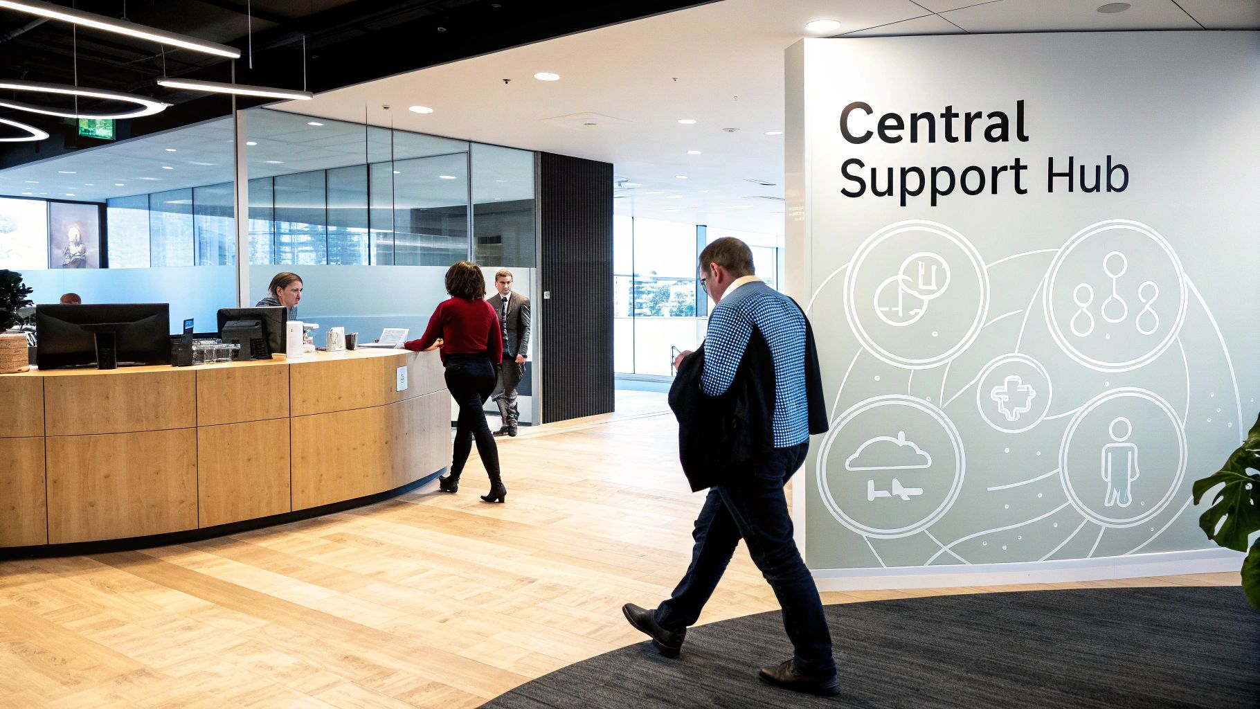 People interacting at a modern reception desk in a bright office, with 'Central Support Hub' on the wall.