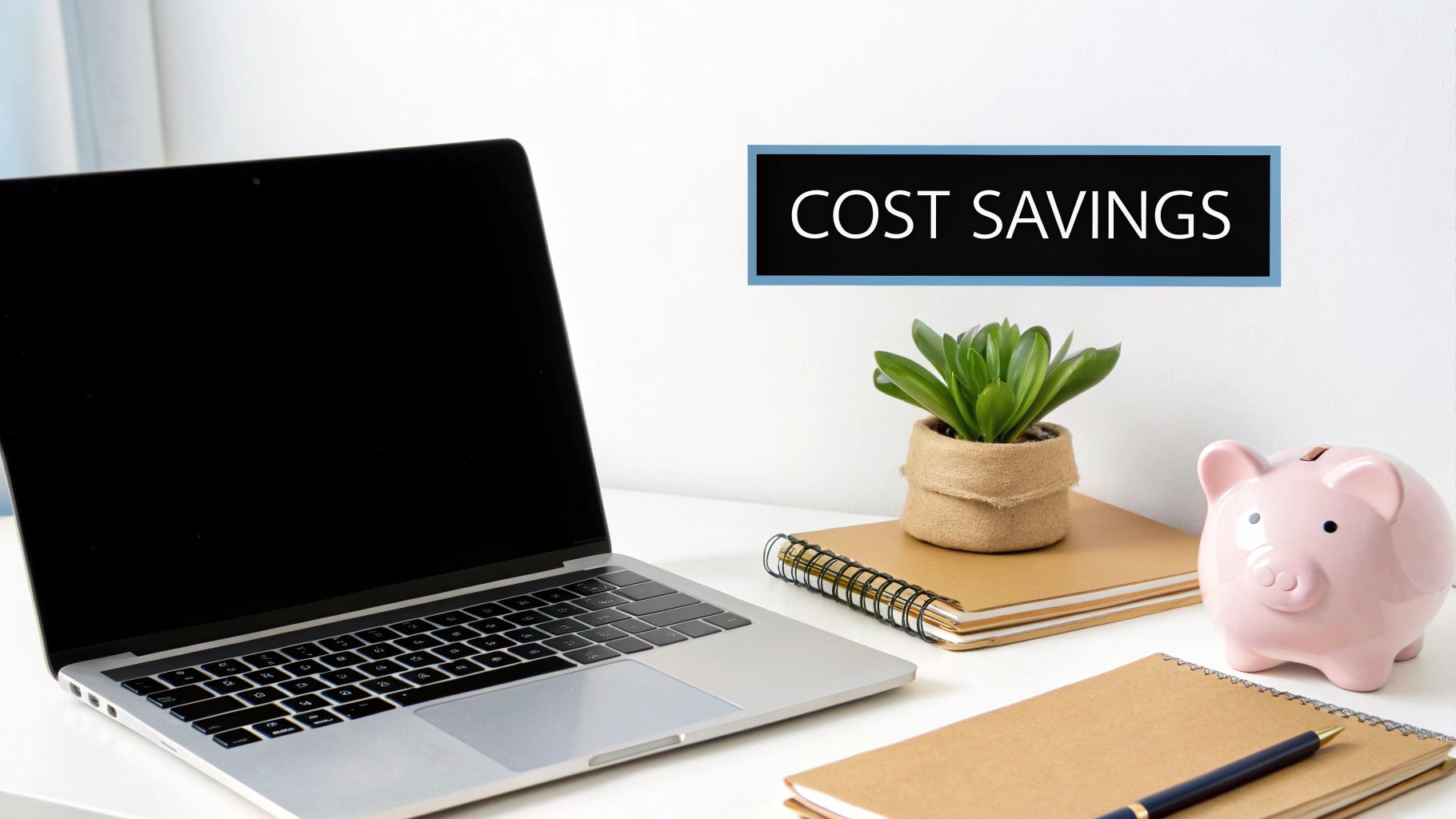 A desk with a laptop, plant, notebooks, a pink piggy bank, and a 'COST SAVINGS' sign.