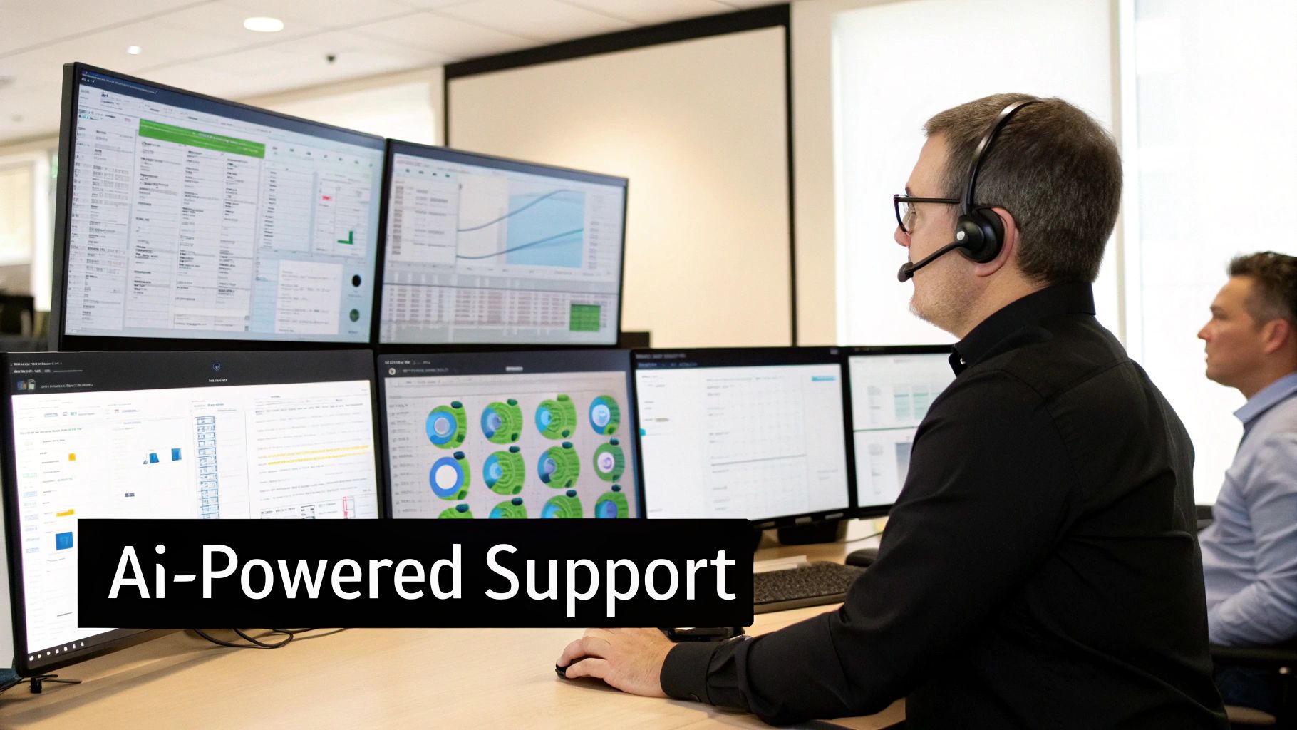 Call center agent with headset and multiple monitors displaying data for AI-powered support.