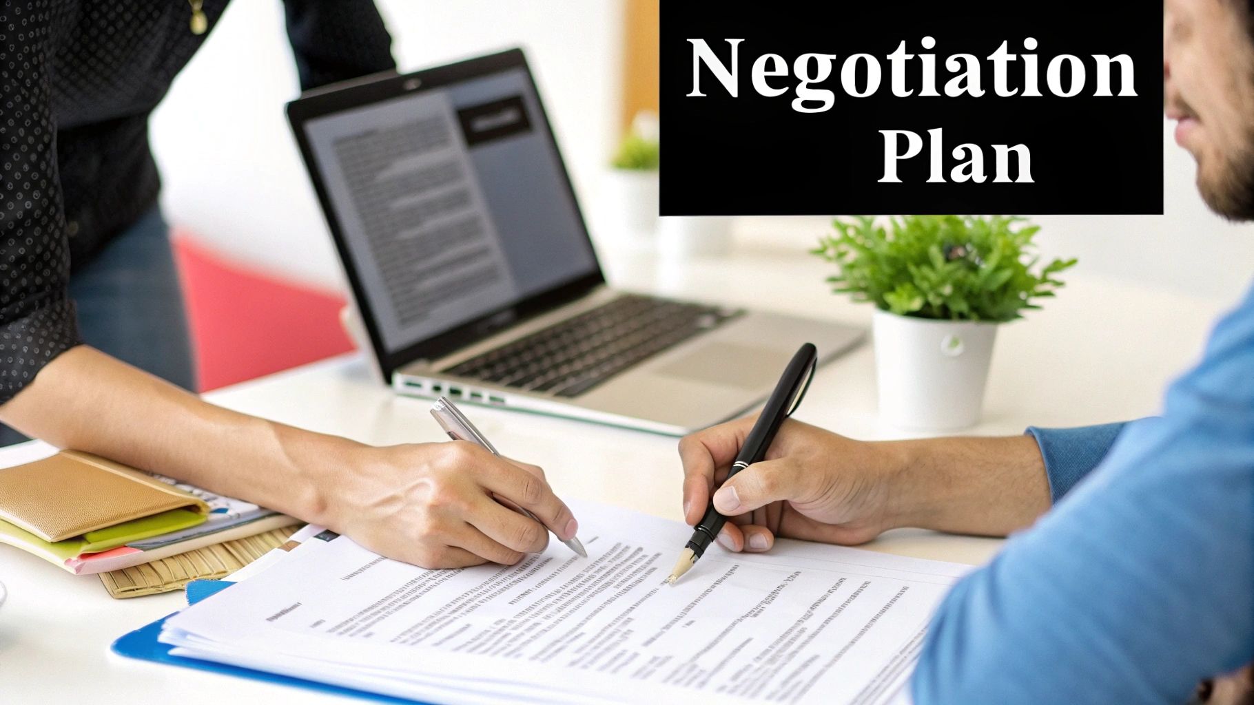 Two people collaboratively signing documents at a desk with a laptop and 'Negotiation Plan' text.