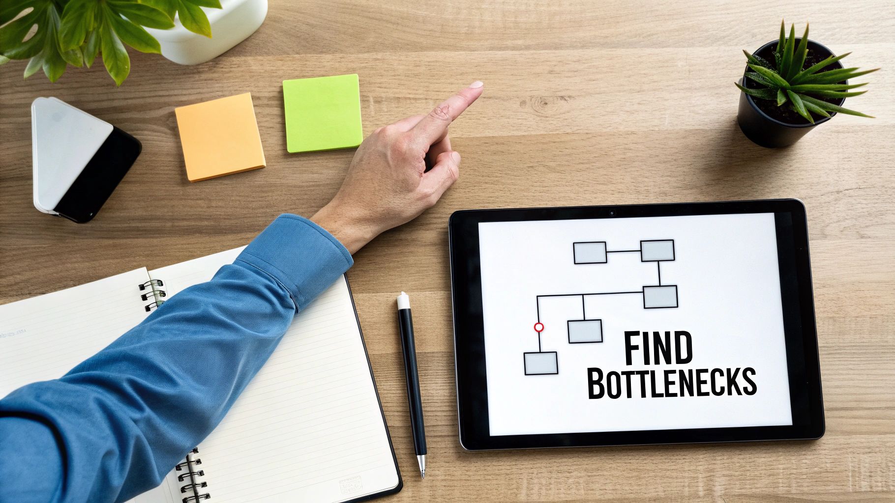 Overhead view of a person pointing at a tablet displaying 'Find Bottlenecks' flowchart on a wooden desk.