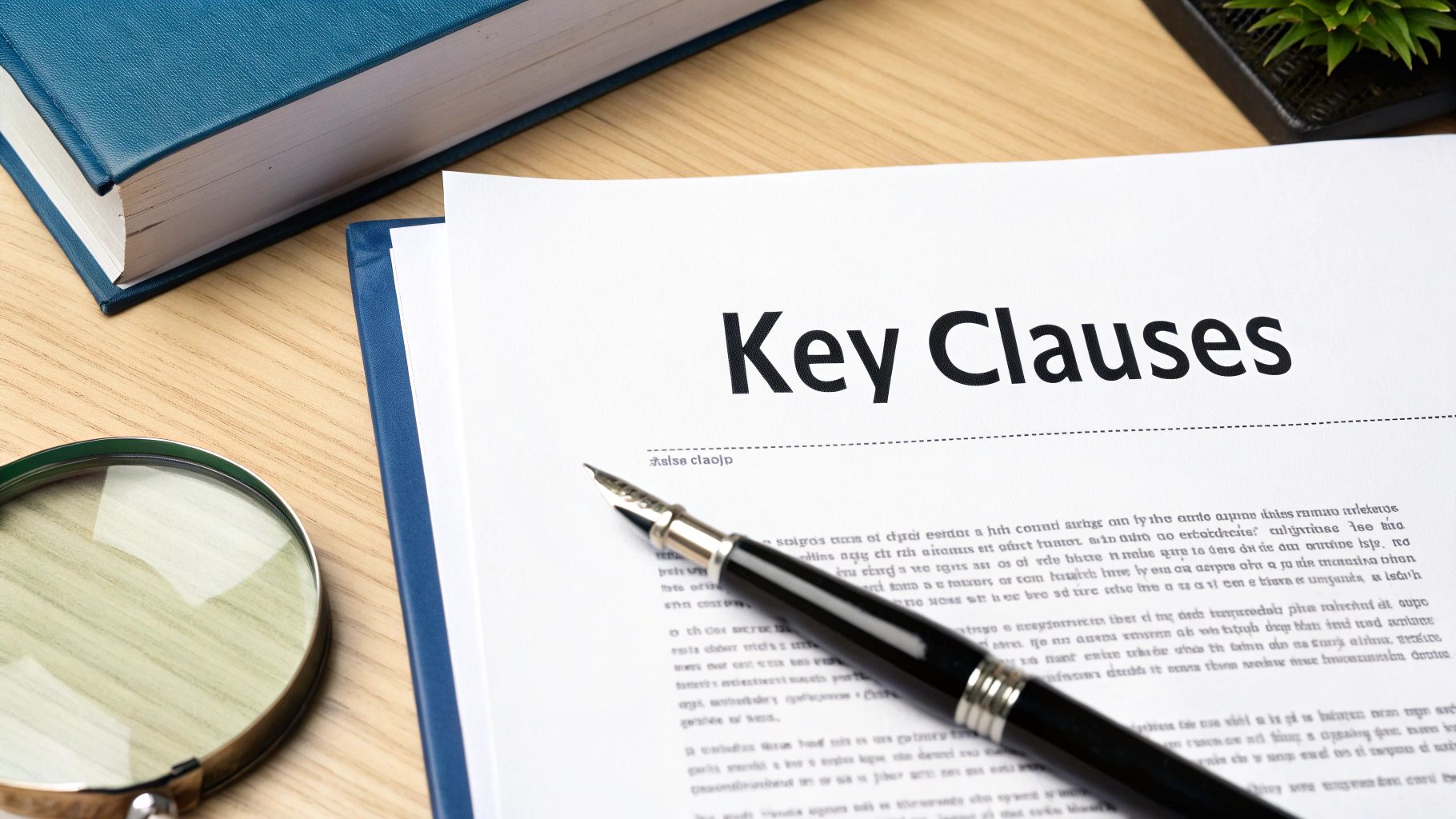 A document titled 'Key Clauses' with a fountain pen, a blue book, and a magnifying glass on a wooden desk.