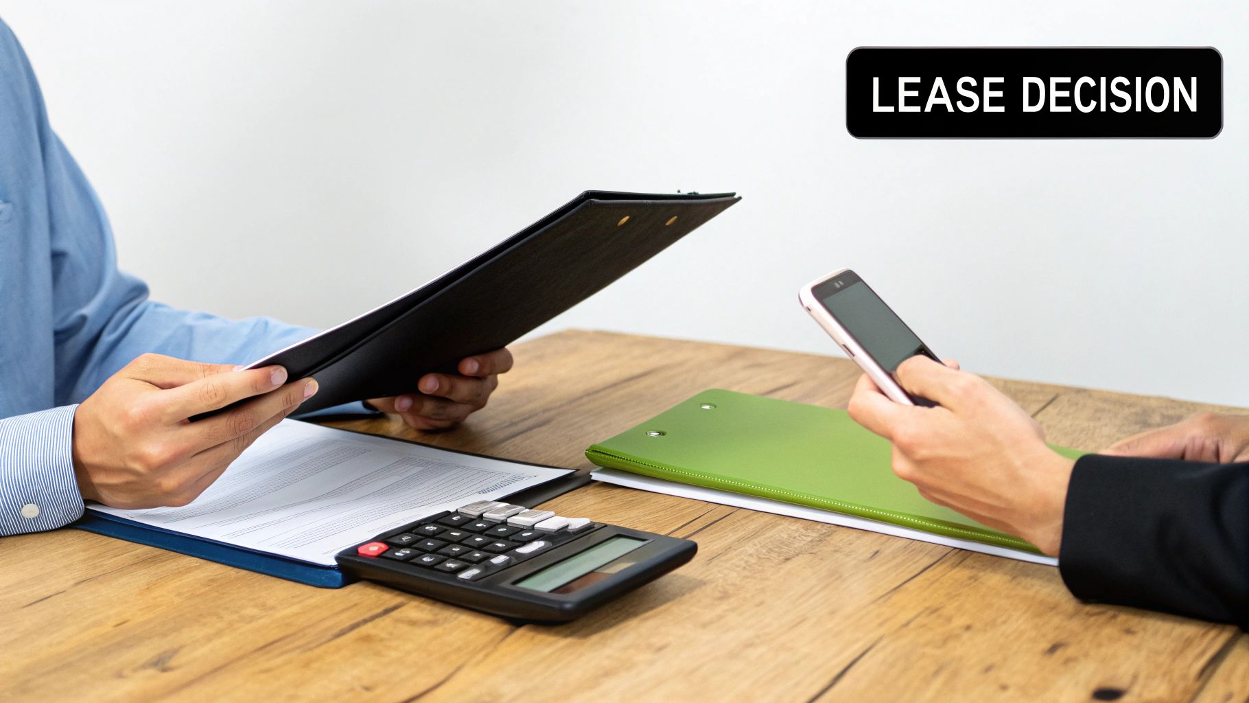 Two people discussing a lease decision with documents, calculator, and smartphone on a wooden table.