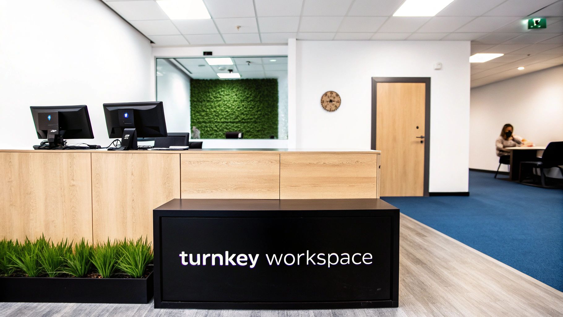 Modern office reception with a wooden desk, computers, a green moss wall, and 'turnkey workspace' signage.