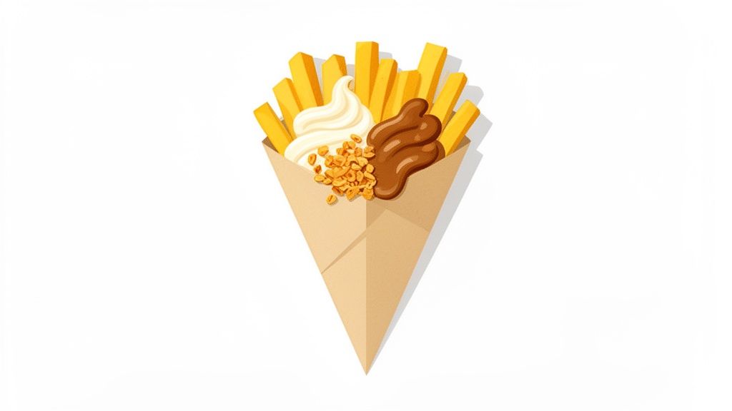 Een puntzak met friet speciaal, mayonaise, curry en uitjes, gepresenteerd op een witte achtergrond.