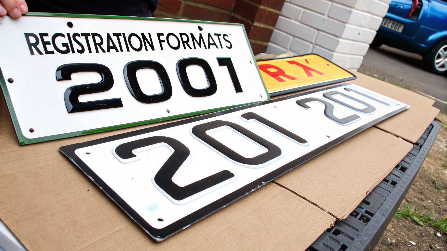 Various UK number plates showcasing different registration formats, displayed outdoors on a cardboard surface.