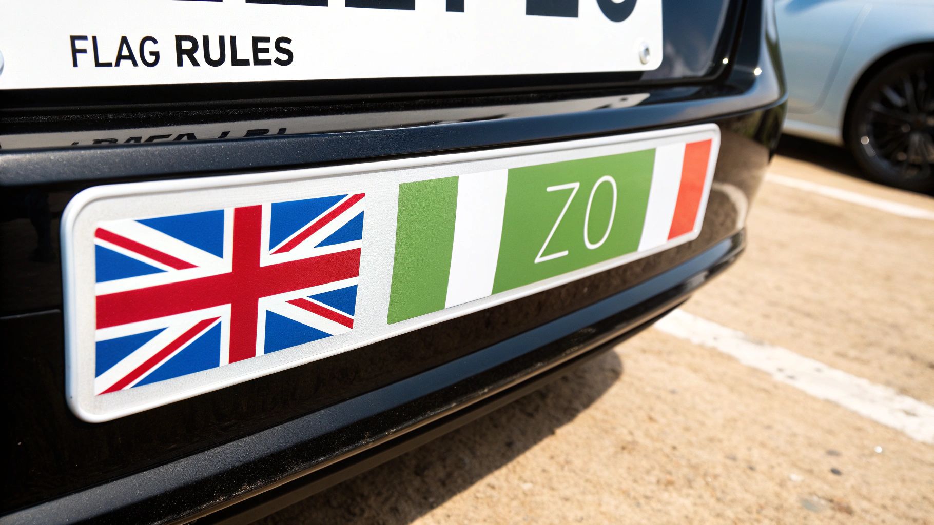Close-up of a car's rear showing a decorative plate with the Union Jack and other flags, including 'Z0'.