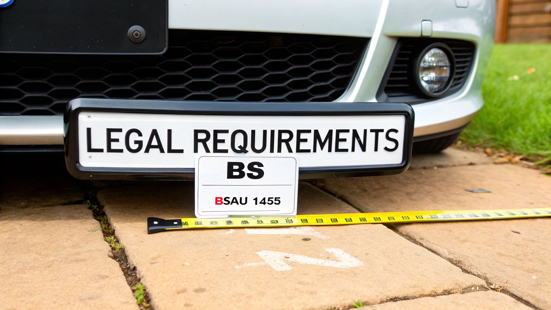 Front of a car with 'LEGAL REQUIREMENTS' plate, 'BSAU 1455' sign, and a measuring tape.