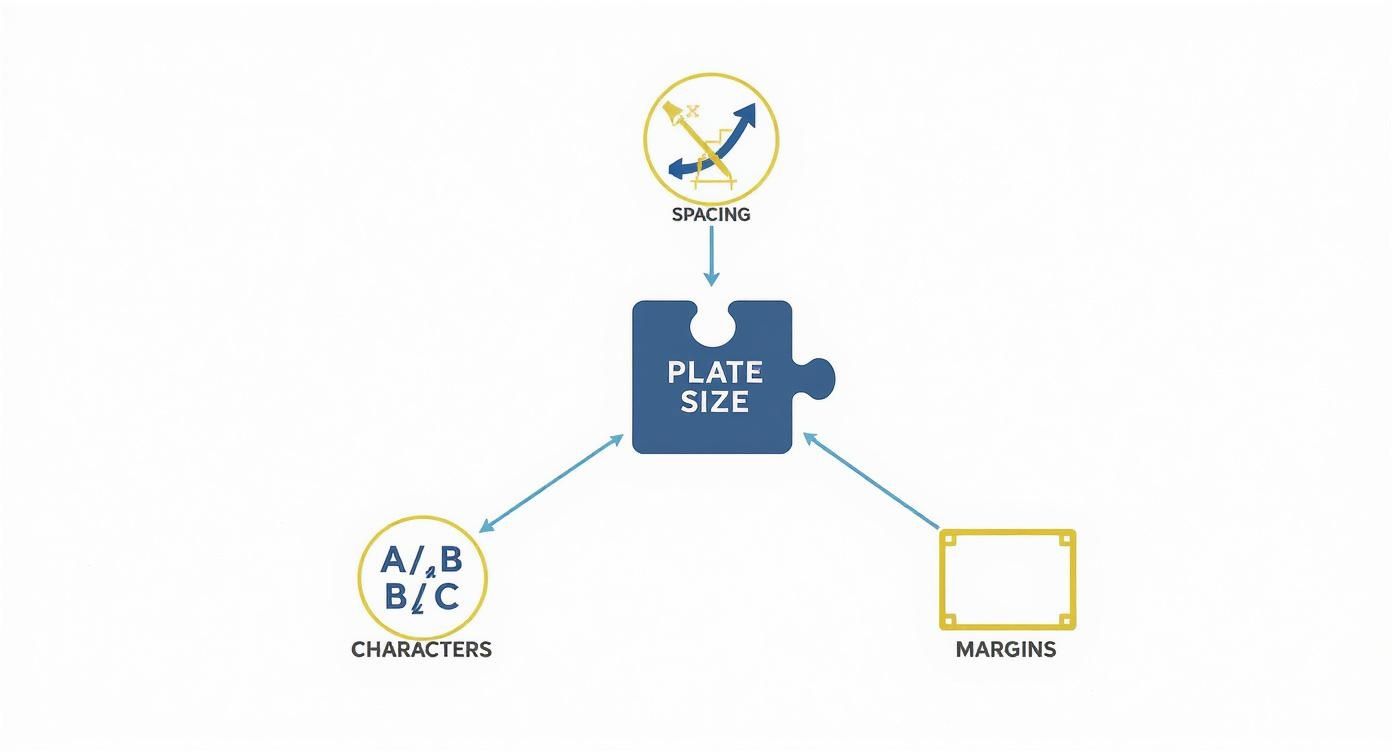 Diagram showing how spacing, characters, and margins influence the overall plate size.