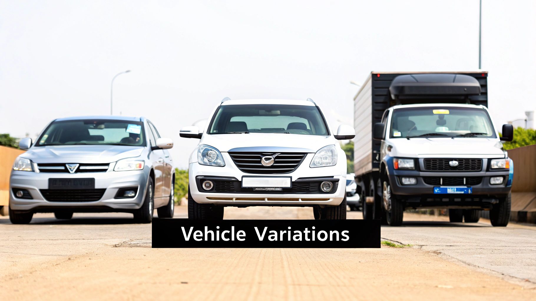 Three distinct vehicles, a silver sedan, a white SUV, and a white box truck, on a road.