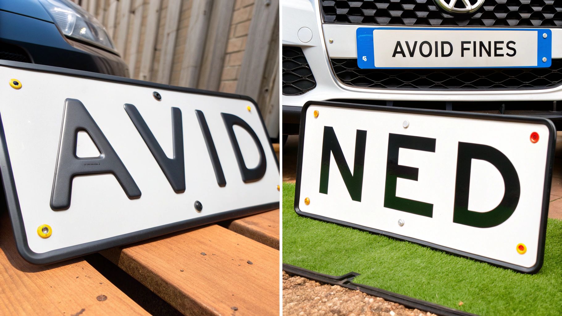 Two distinct custom car number plates displayed; one reads 'AVID', the other 'NED', and a third says 'AVOID FINES'.