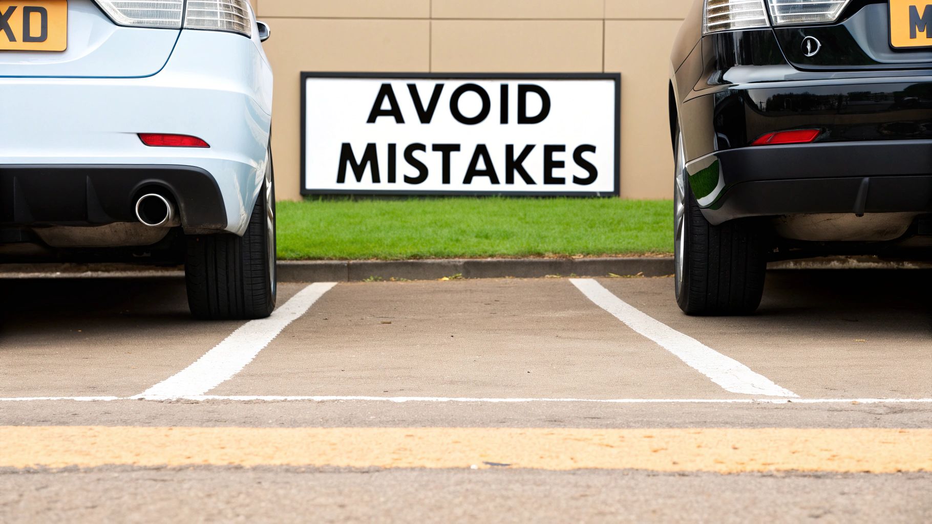 Two cars are parked in a lot, flanking a sign that reads 'AVOID MISTAKES' over green grass.