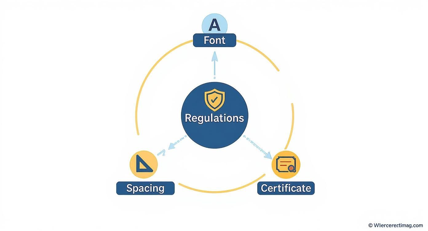 A diagram illustrating 'Regulations' at the center, connected to 'Font', 'Spacing', and 'Certificate' concepts.