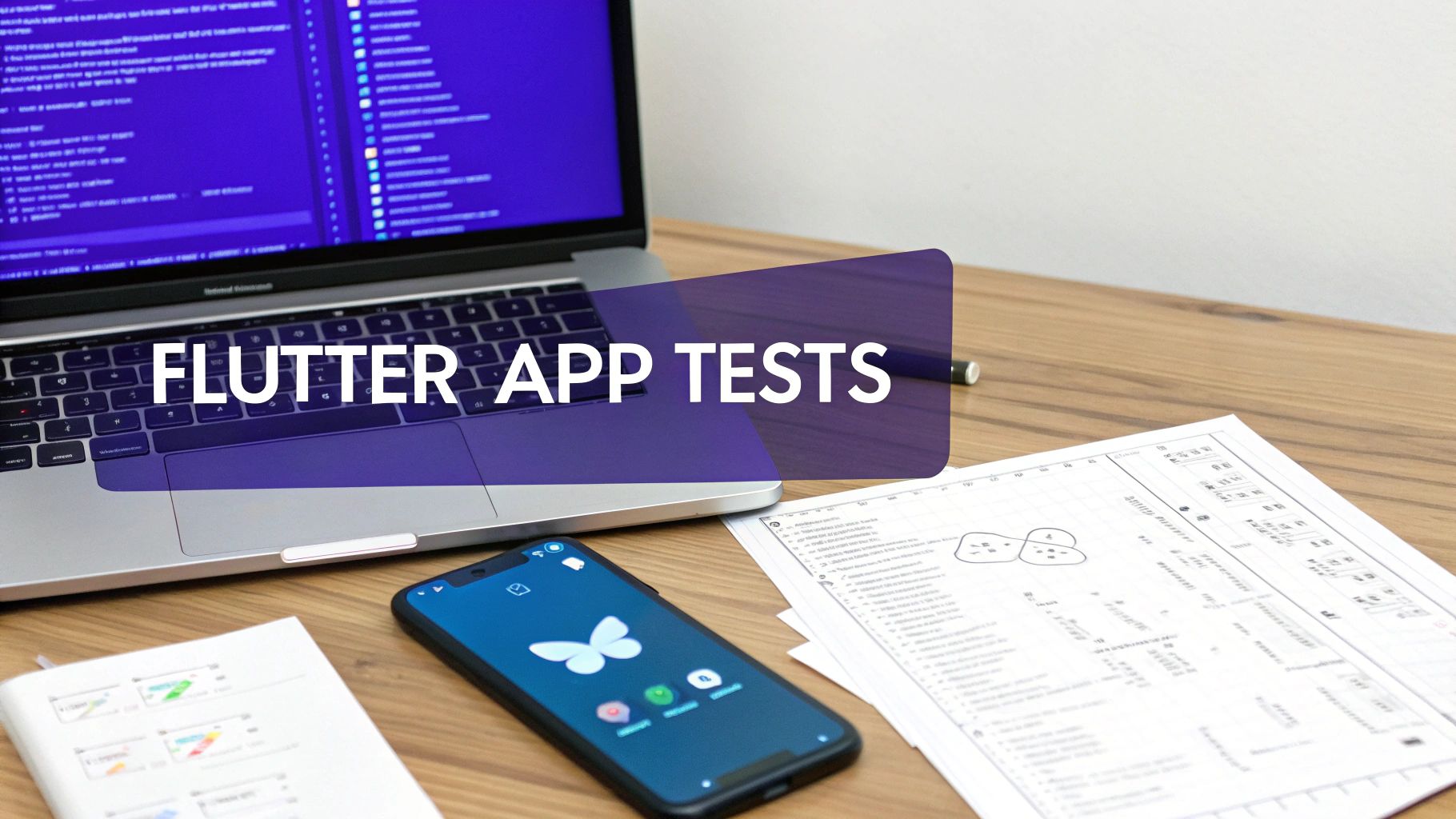 A laptop displaying code, a smartphone with a butterfly app, and documents on a desk with 'FLUTTER APP TESTS' overlay.