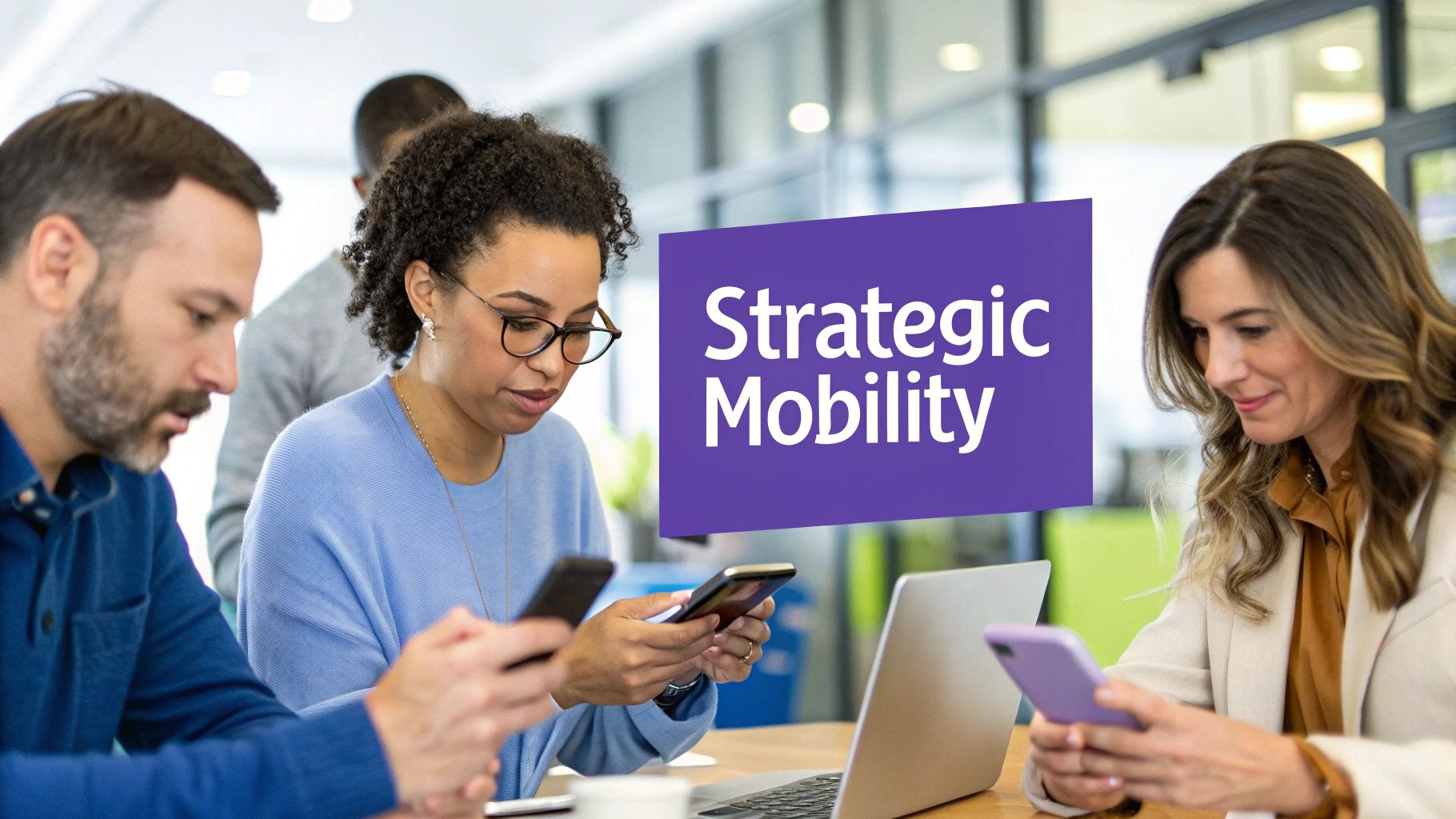 A professional team collaborating on an enterprise mobile app development project in an office setting.