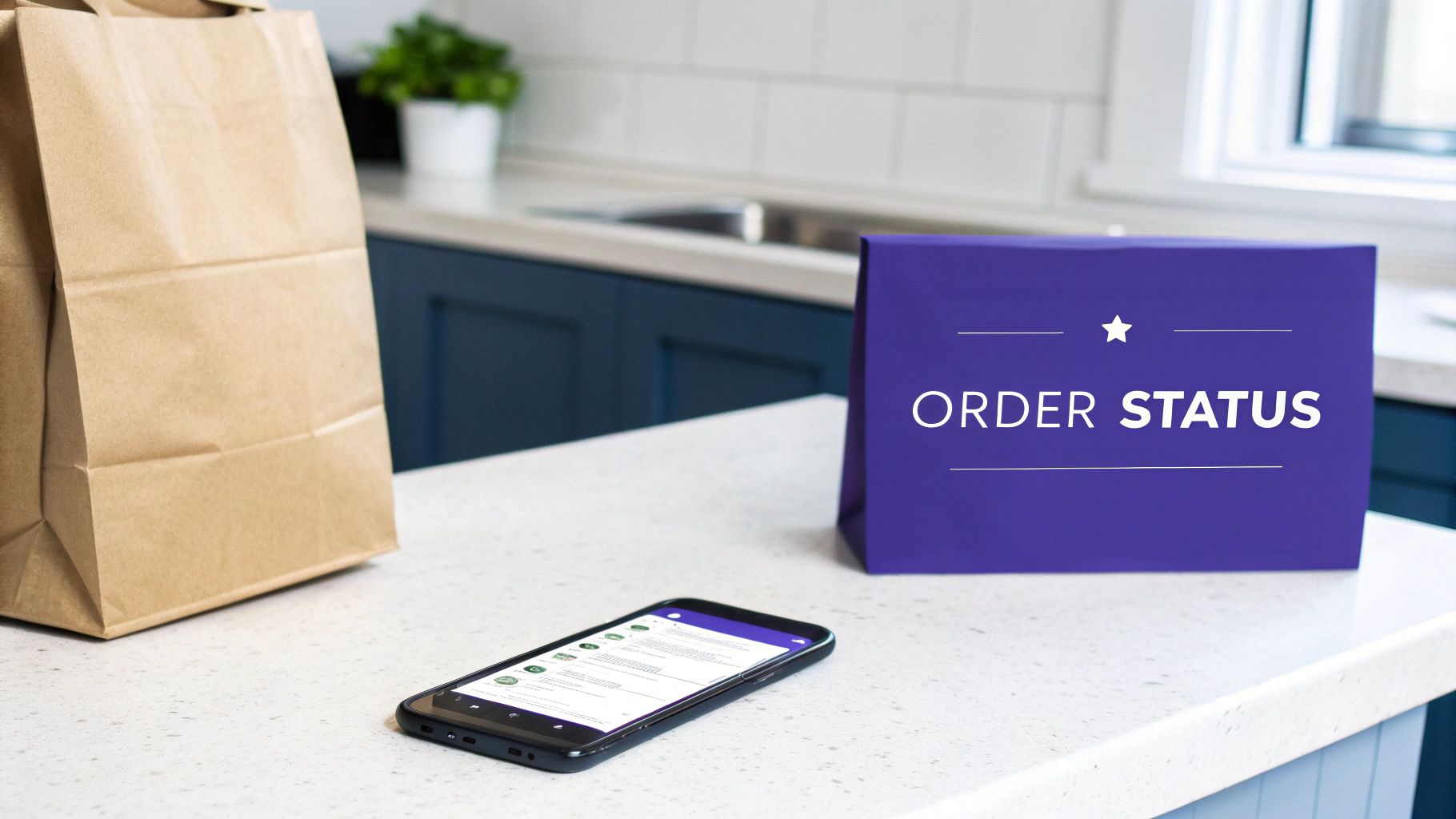 A brown paper delivery bag, a smartphone with an app, and a purple 'Order Status' sign on a modern kitchen counter.
