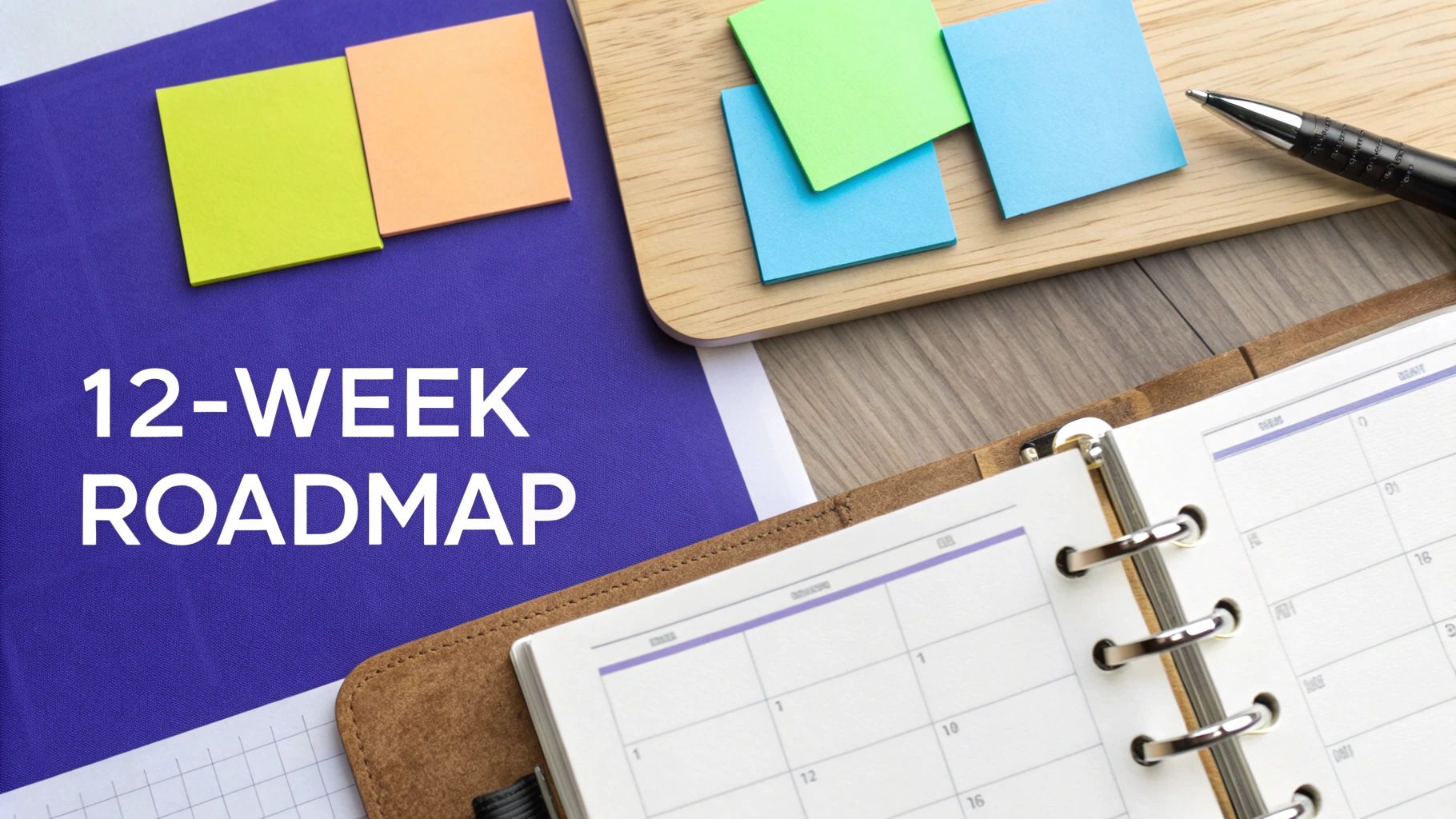 A 12-WEEK ROADMAP document on a purple binder, with colorful sticky notes, a pen, and an open planner.