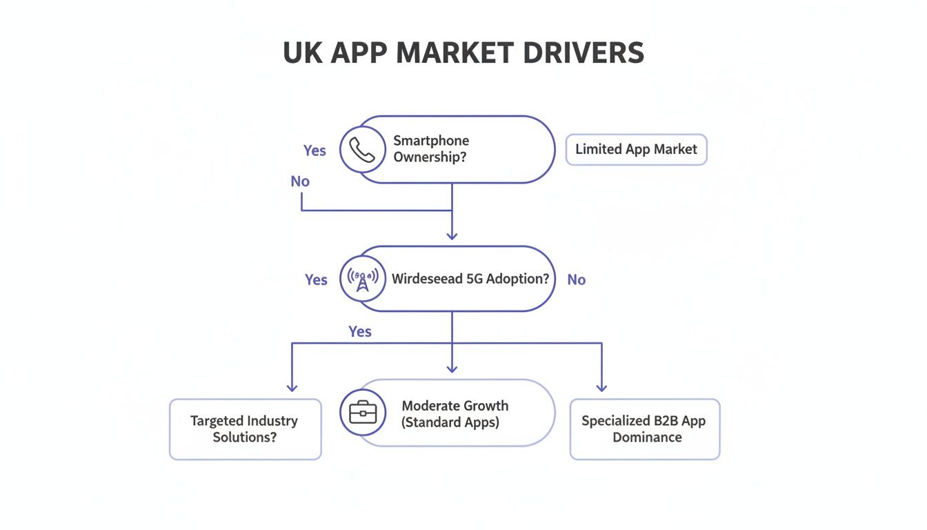 Flowchart outlining UK app market drivers, considering smartphone ownership and Wirdeseead 5G adoption.