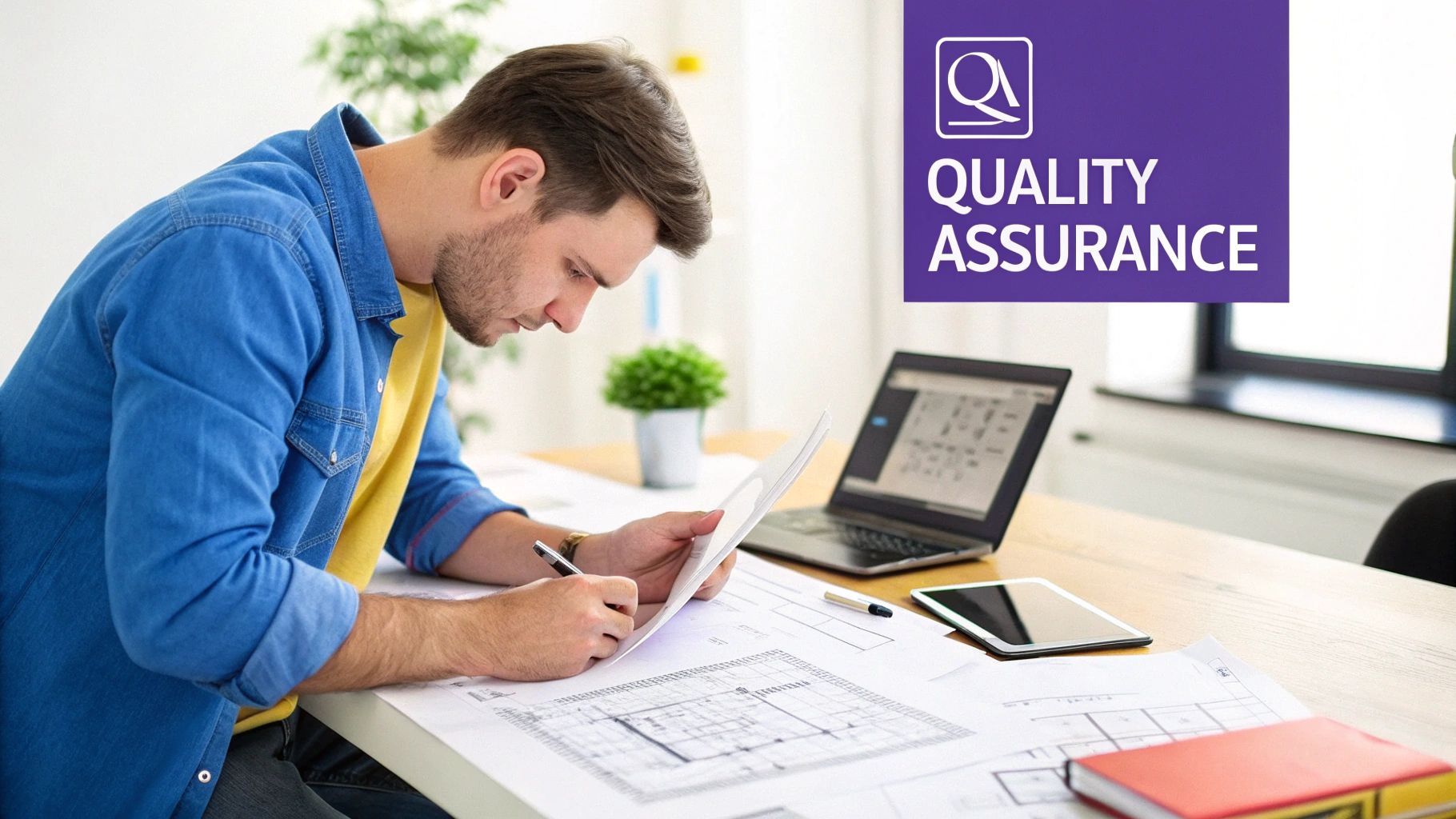 A quality assurance engineer reviews architectural blueprints at a desk with a laptop and tablet.
