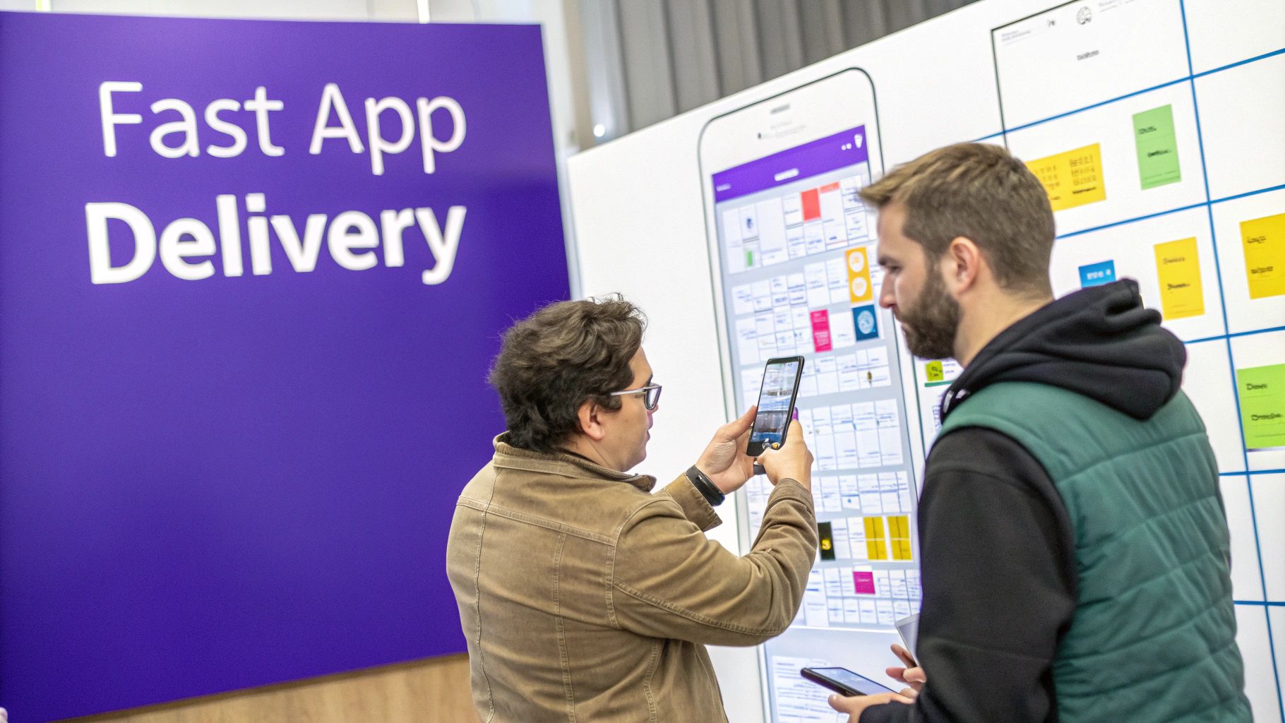Two men analyze a large app design board, one capturing details with a smartphone.