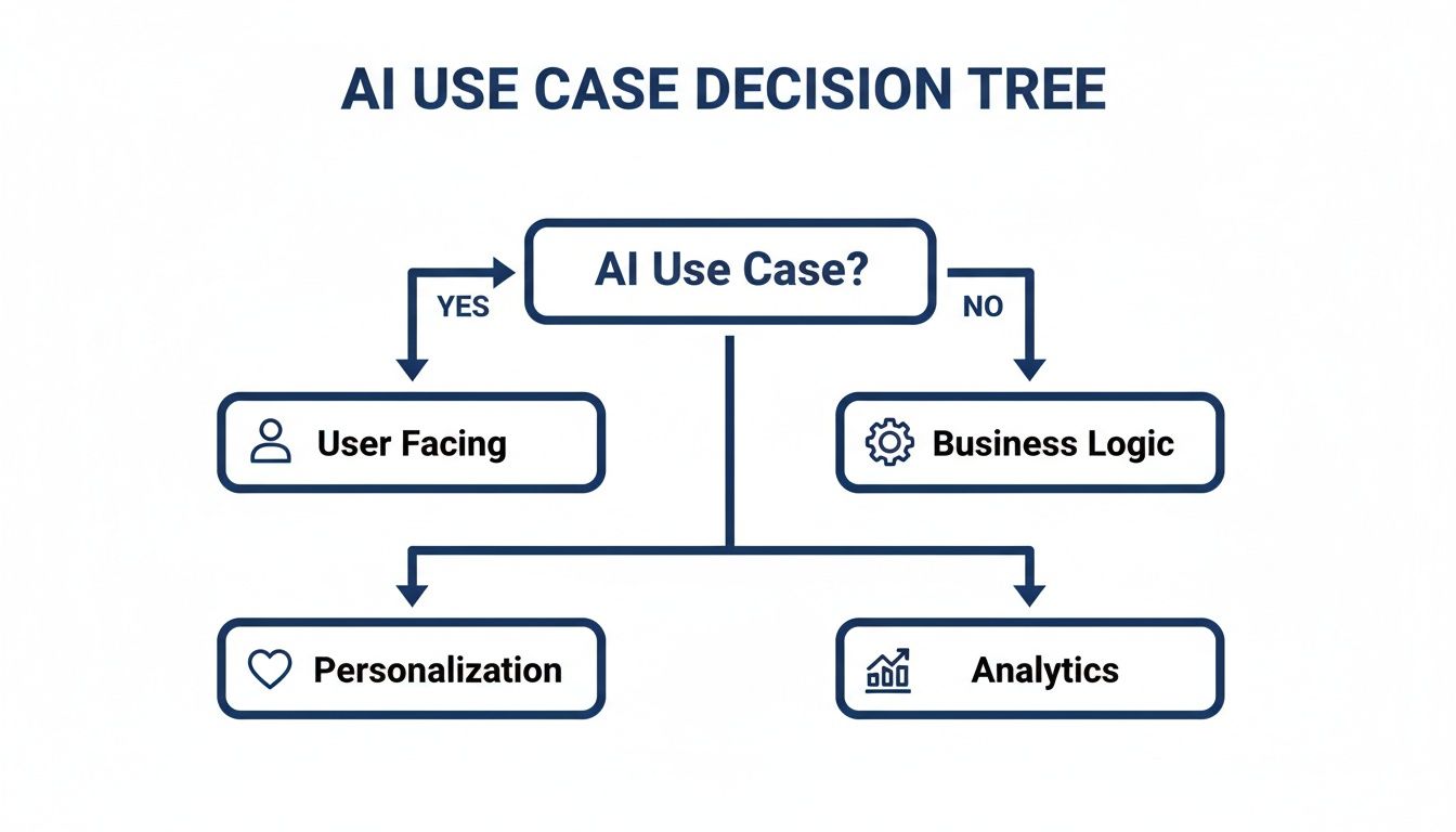 Flowchart illustrating an AI use case decision tree, guiding from 'AI Use Case?' to 'Personalization' or 'Analytics'.