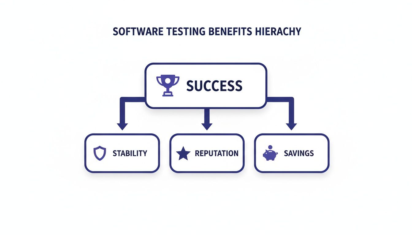 A hierarchical diagram illustrating software testing benefits, showing Success leading to Stability, Reputation, and Savings.