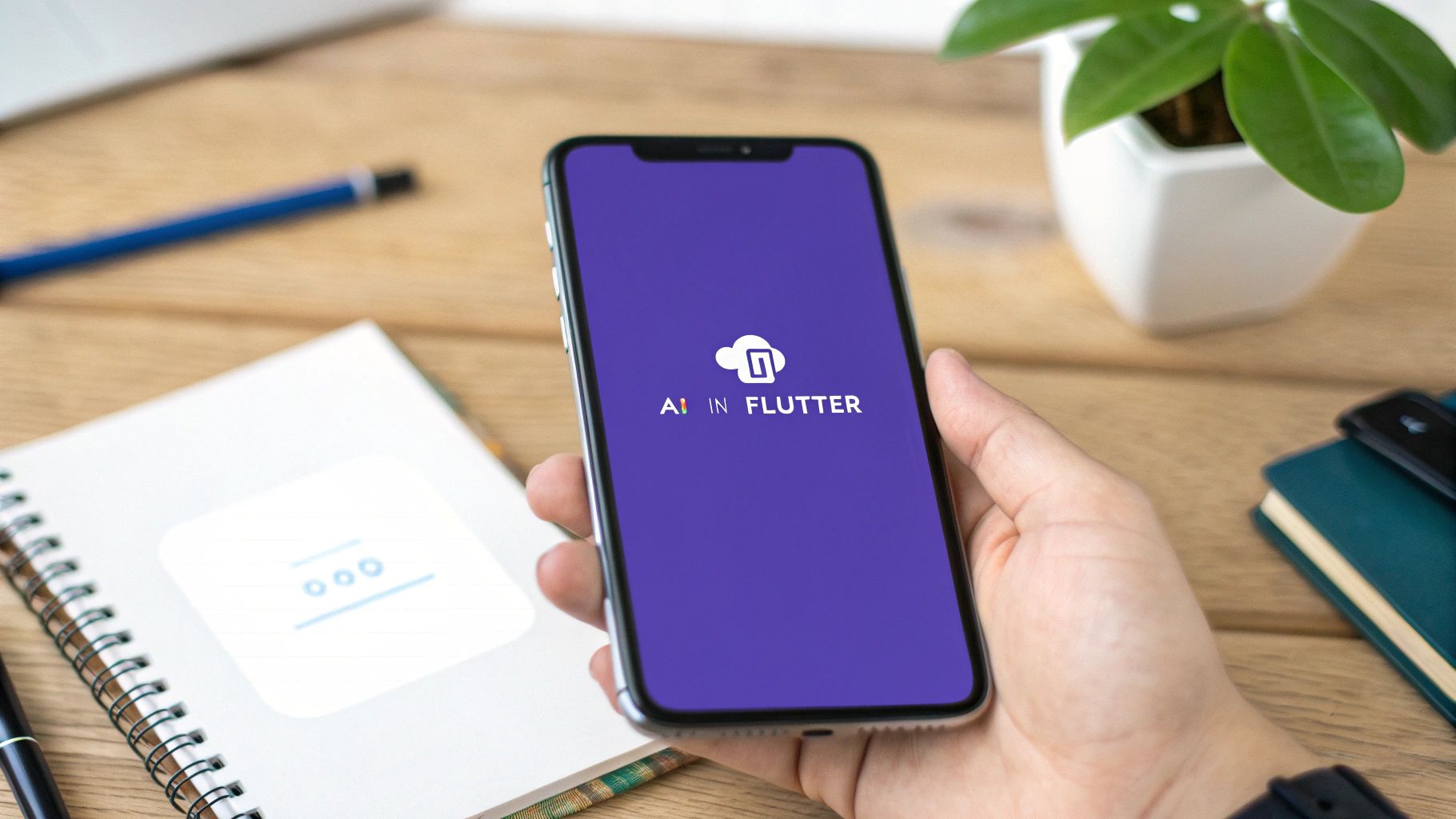 A hand holds a smartphone displaying 'AI IN FLUTTER' app logo on a purple screen.