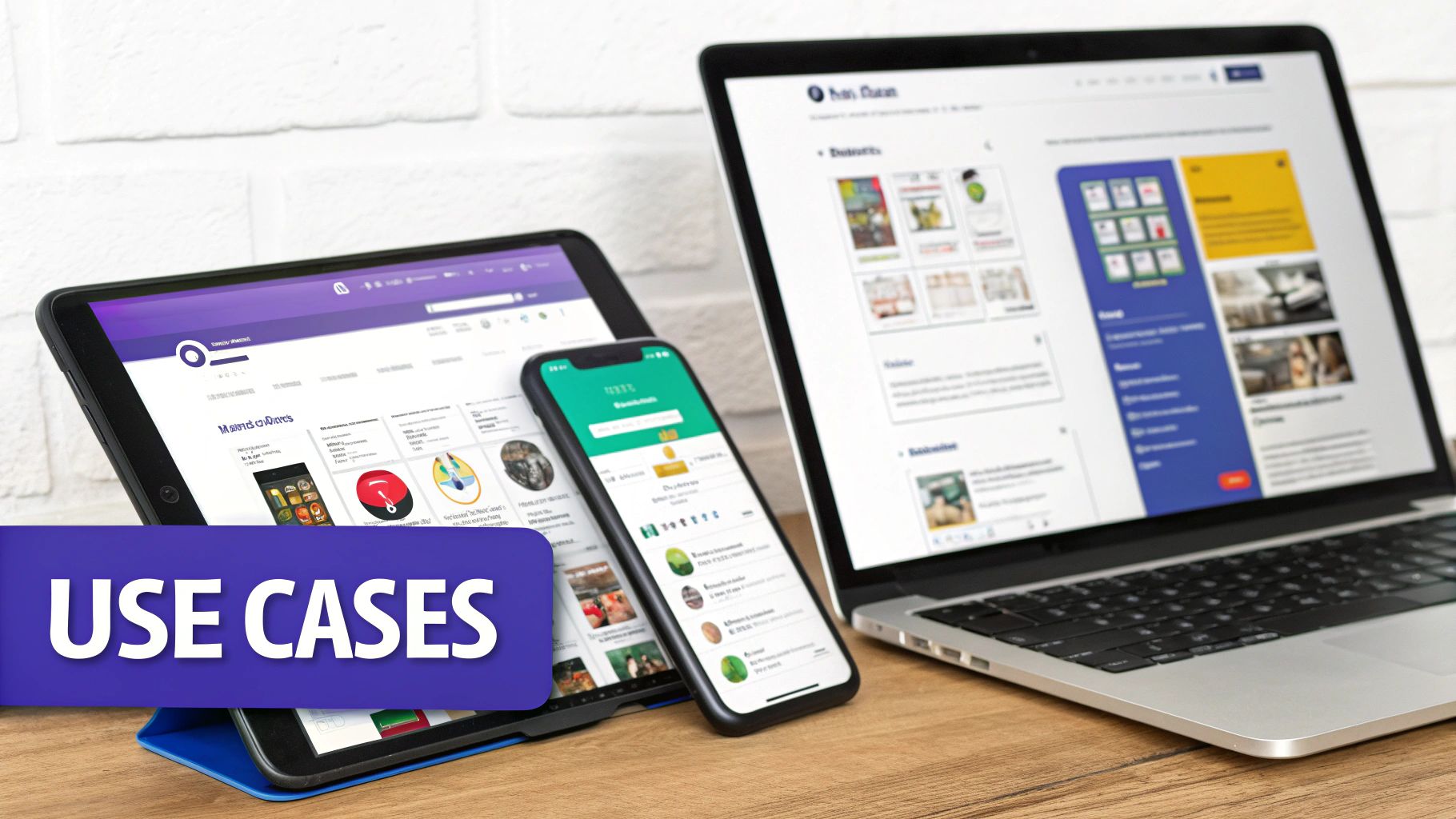 A laptop, tablet, and smartphone display different apps, showcasing various use cases on a wooden desk.