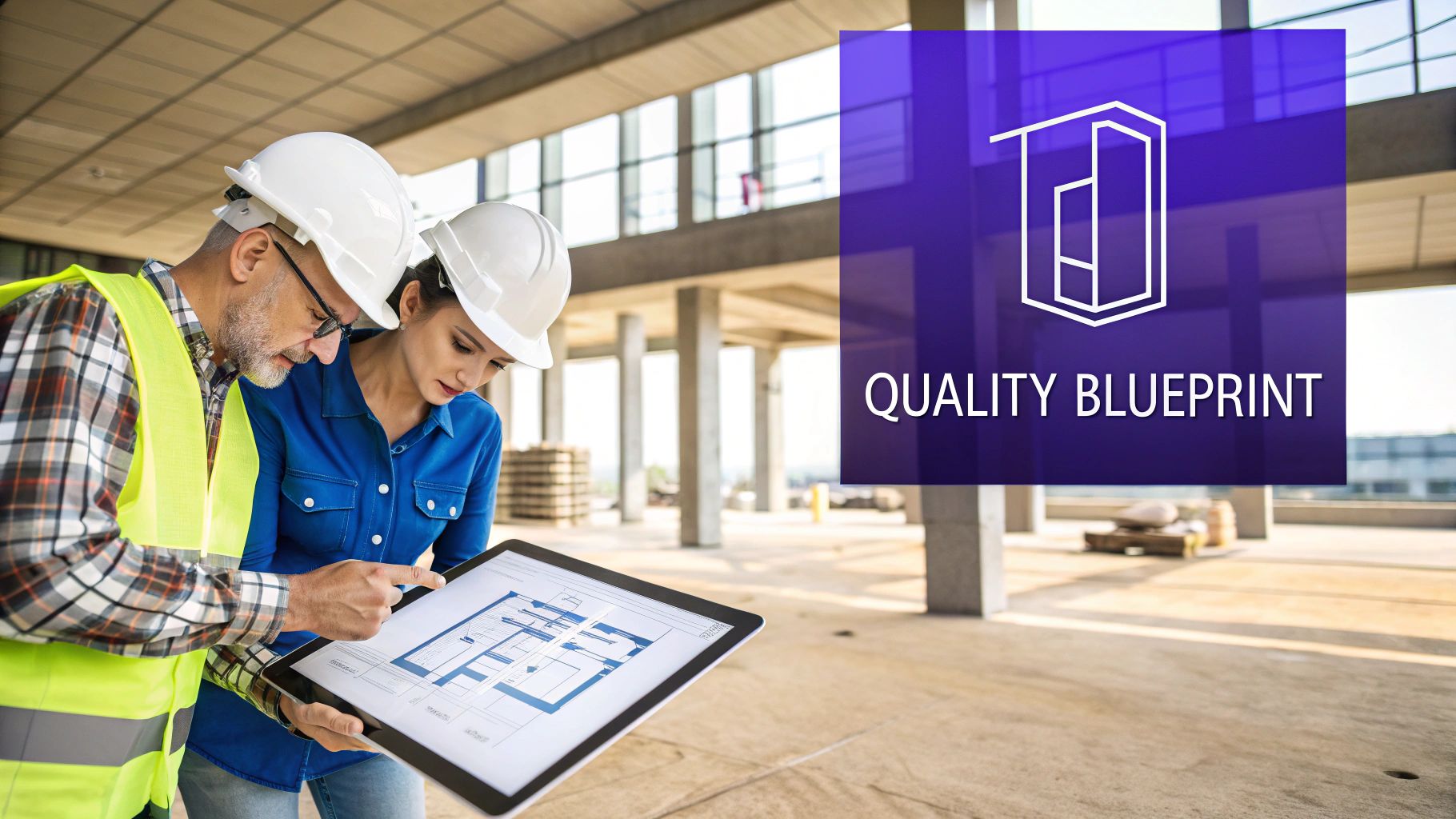 Two construction workers in hard hats are reviewing blueprints on a tablet at a building site.