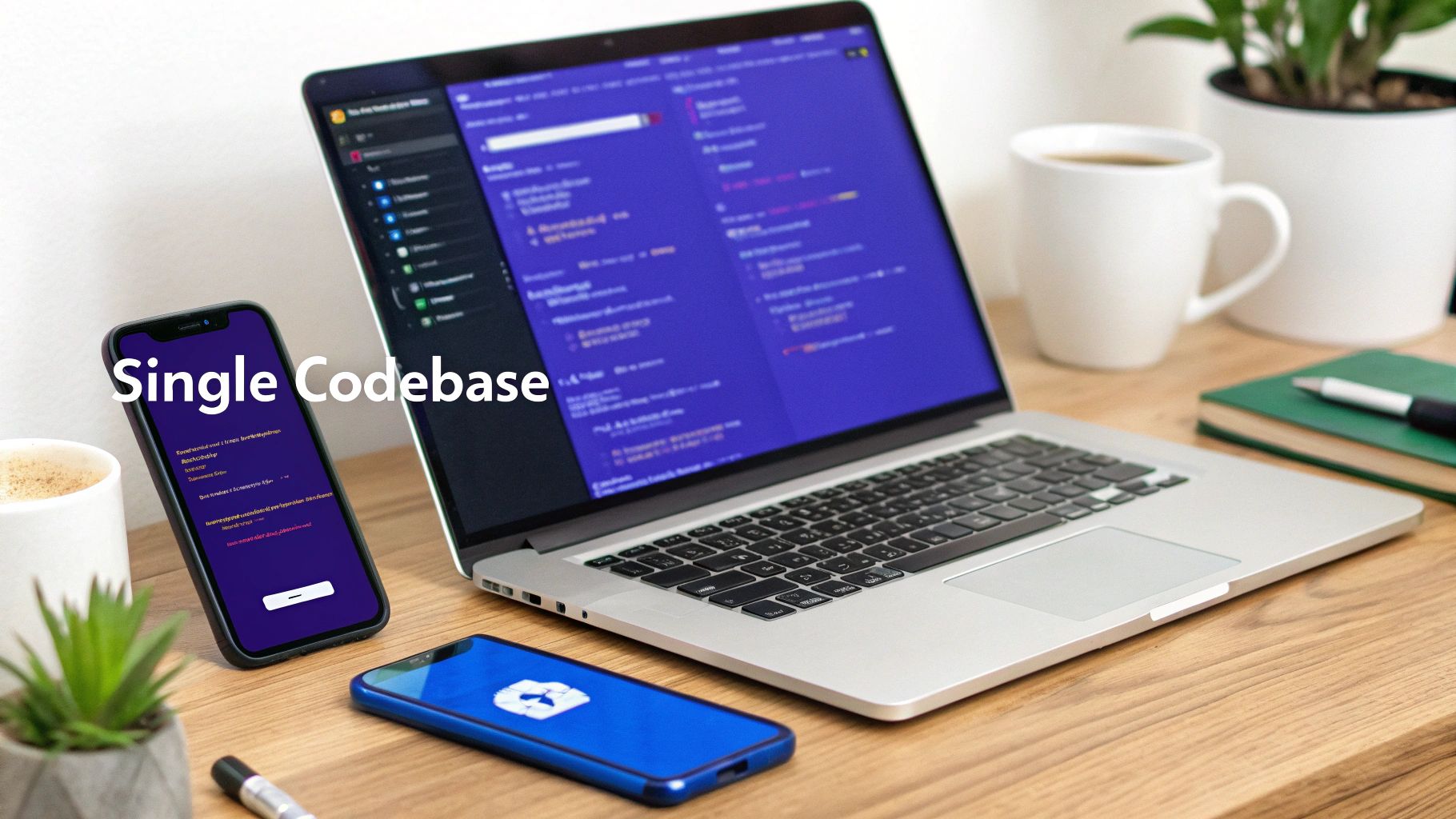 Laptop and two smartphones displaying a single codebase on a wooden desk with coffee and plants.