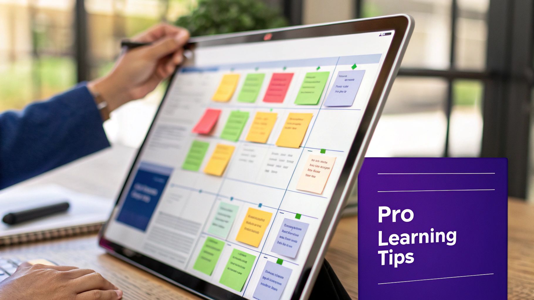 A professional working on a laptop with platform logos like Coursera and Udemy displayed, indicating online learning.