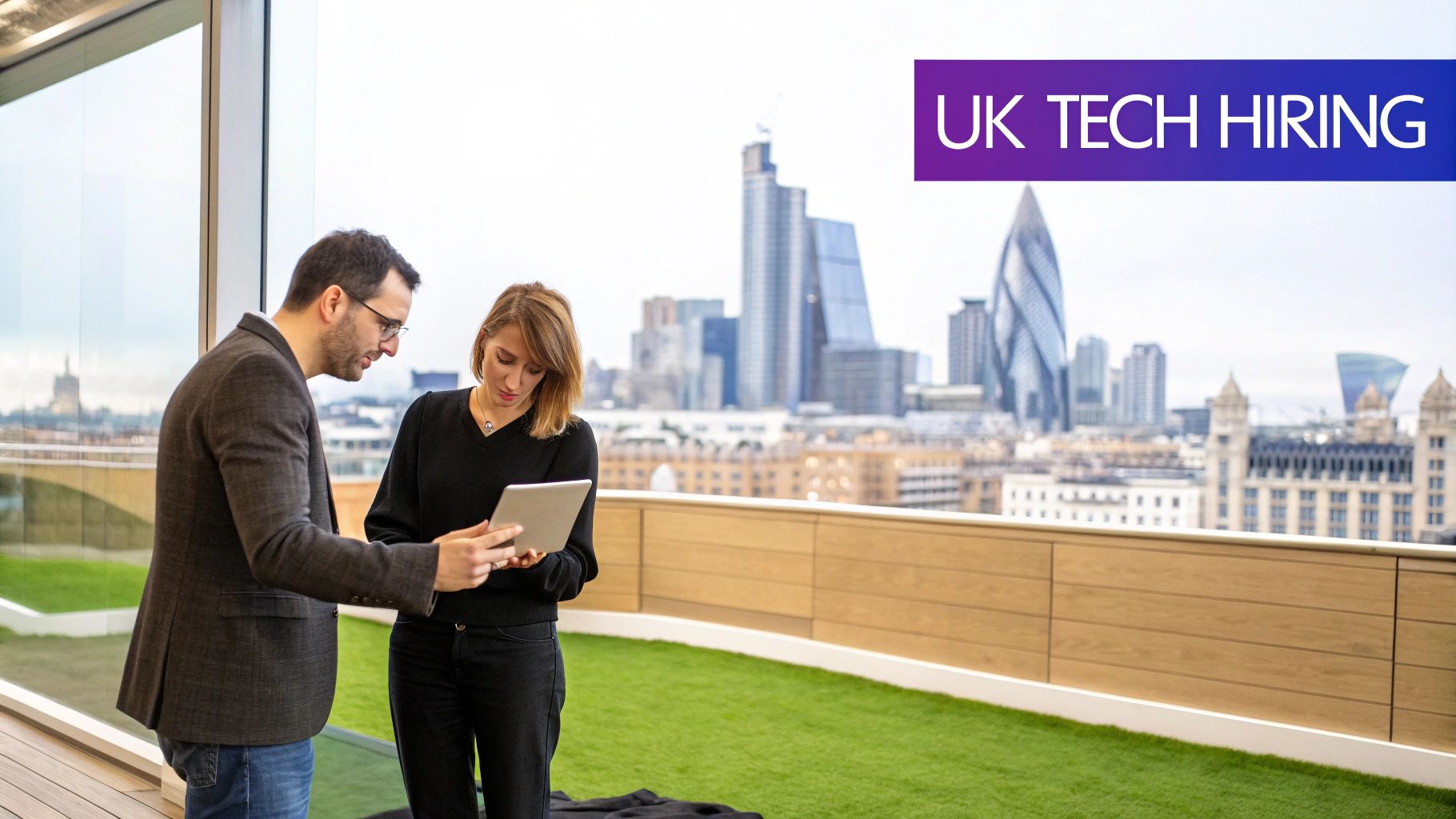 Two professionals discuss on a rooftop with the London city skyline and a 'UK TECH HIRING' banner.