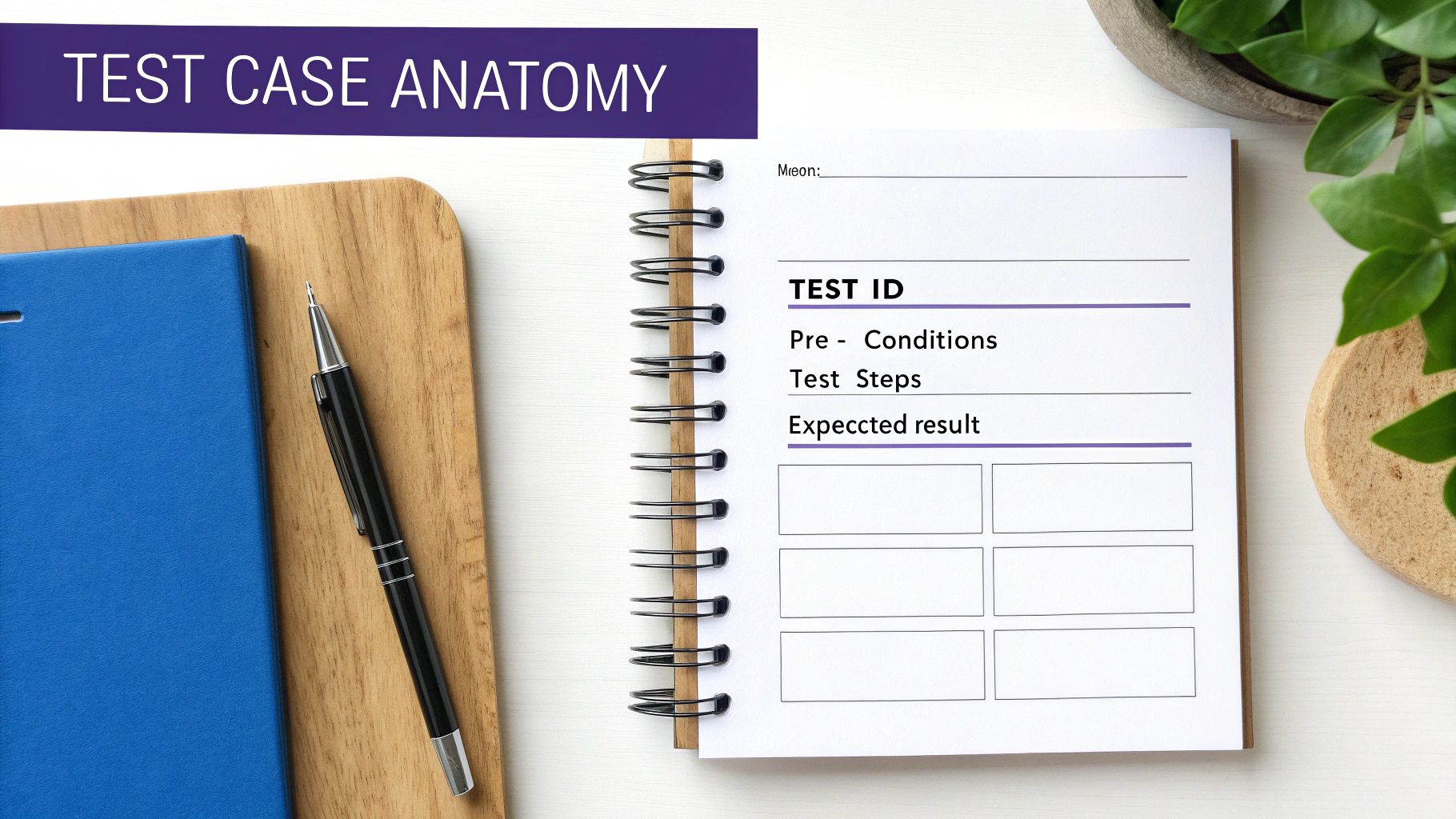 A notebook open to a 'Test Case Anatomy' template with sections for ID, pre-conditions, steps, and expected results.