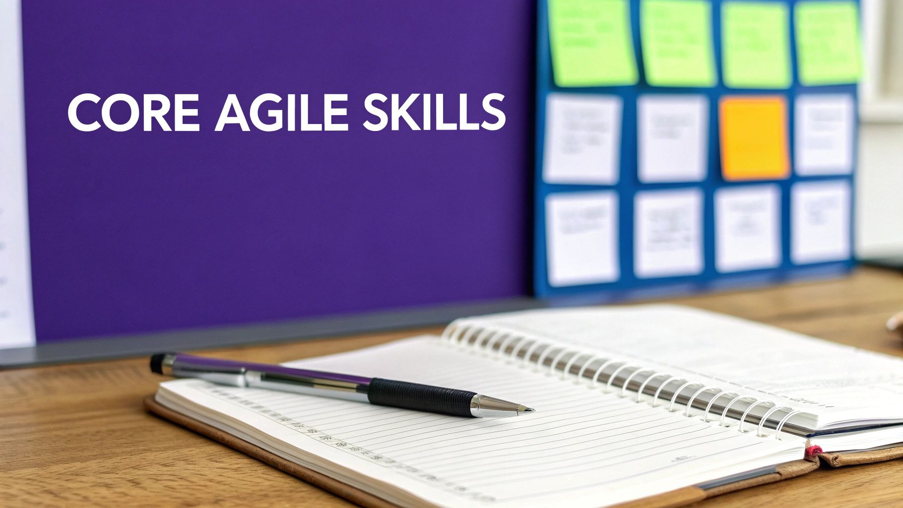 A team works collaboratively on a whiteboard covered in colourful sticky notes, mapping out a project workflow.