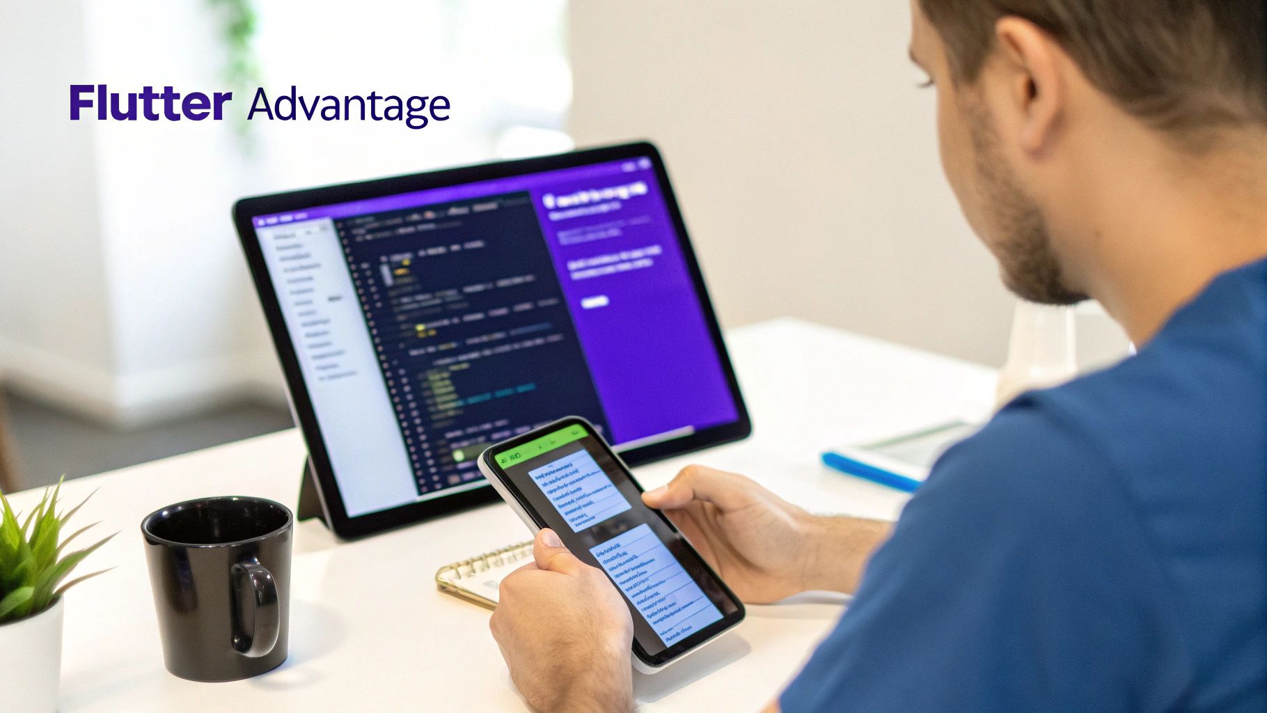 A developer coding an application on a tablet and testing it on a smartphone, highlighting Flutter Advantage.