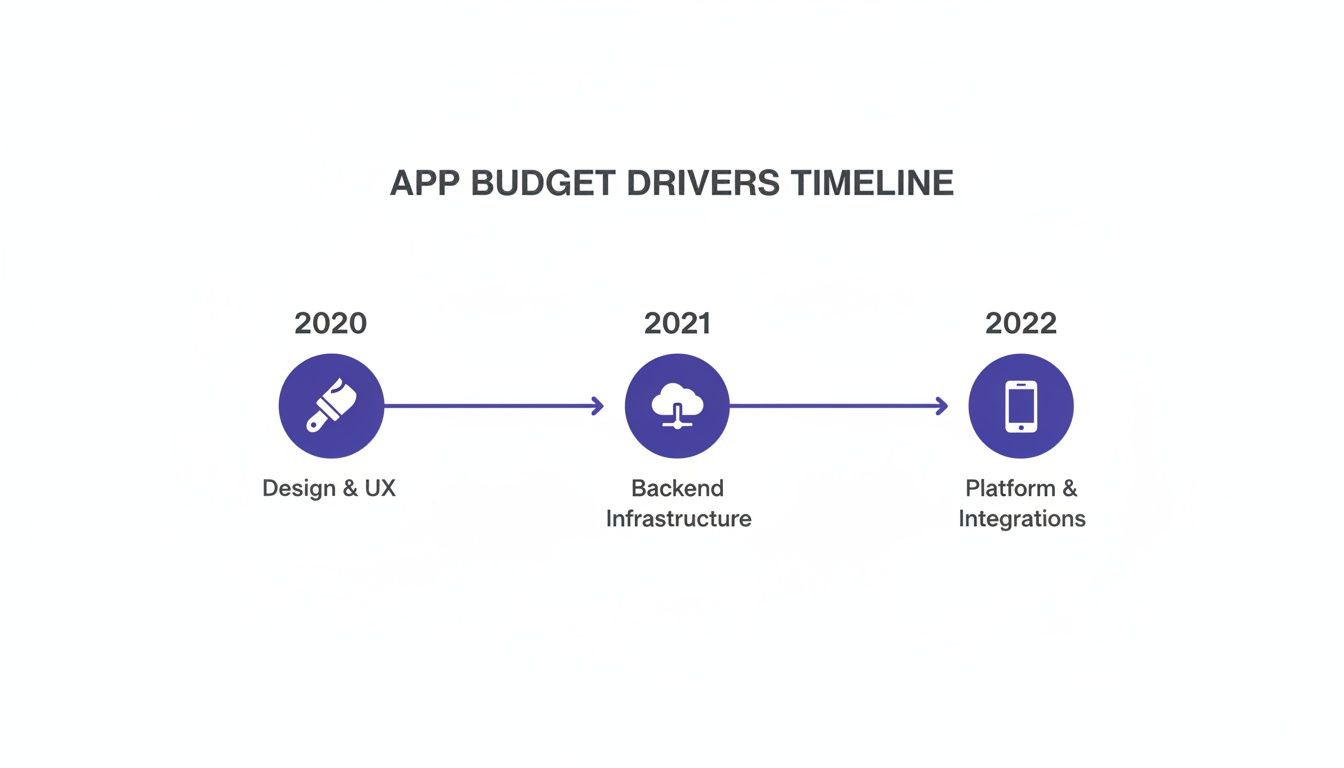 Timeline showing app budget drivers: Design & UX (2020), Backend Infrastructure (2021), Platform & Integrations (2022).