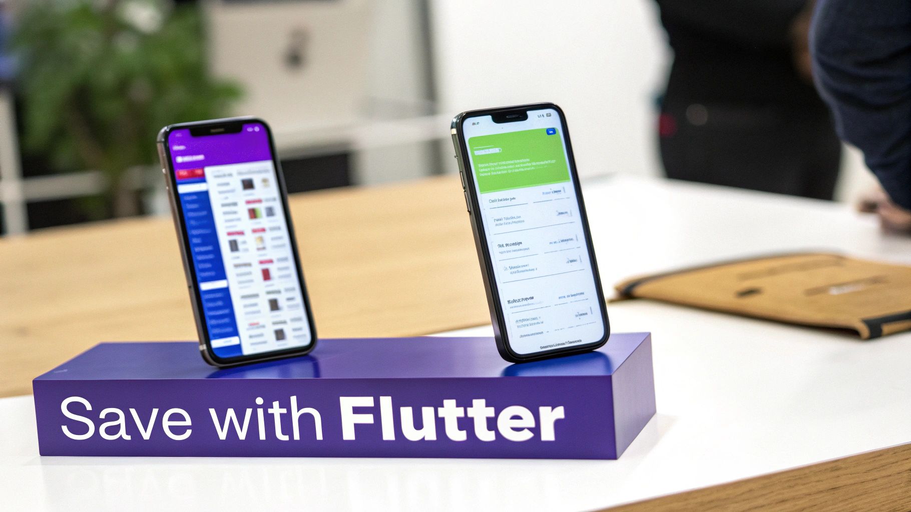 Two smartphones displaying different mobile app interfaces on a 'Save with Flutter' branded stand.
