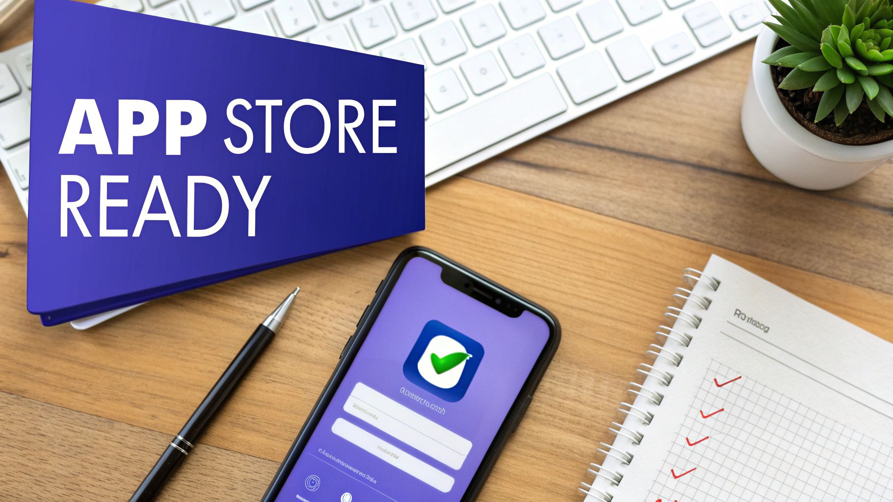 A desk with a blue folder reading 'App Store Ready', a smartphone, keyboard, notebook, and pen.