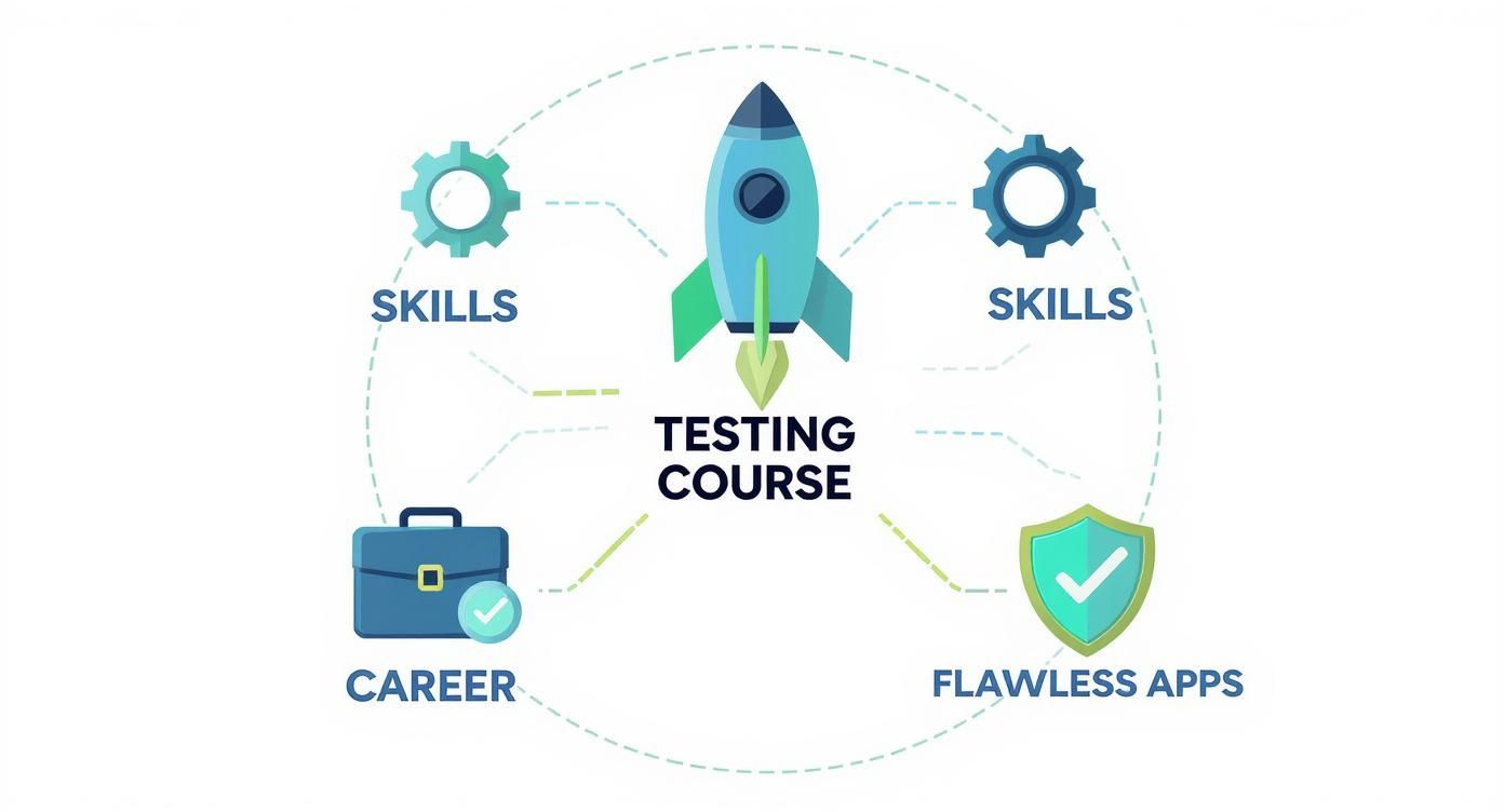 Testing course diagram showing rocket ship connecting skills, career development, and flawless applications concept