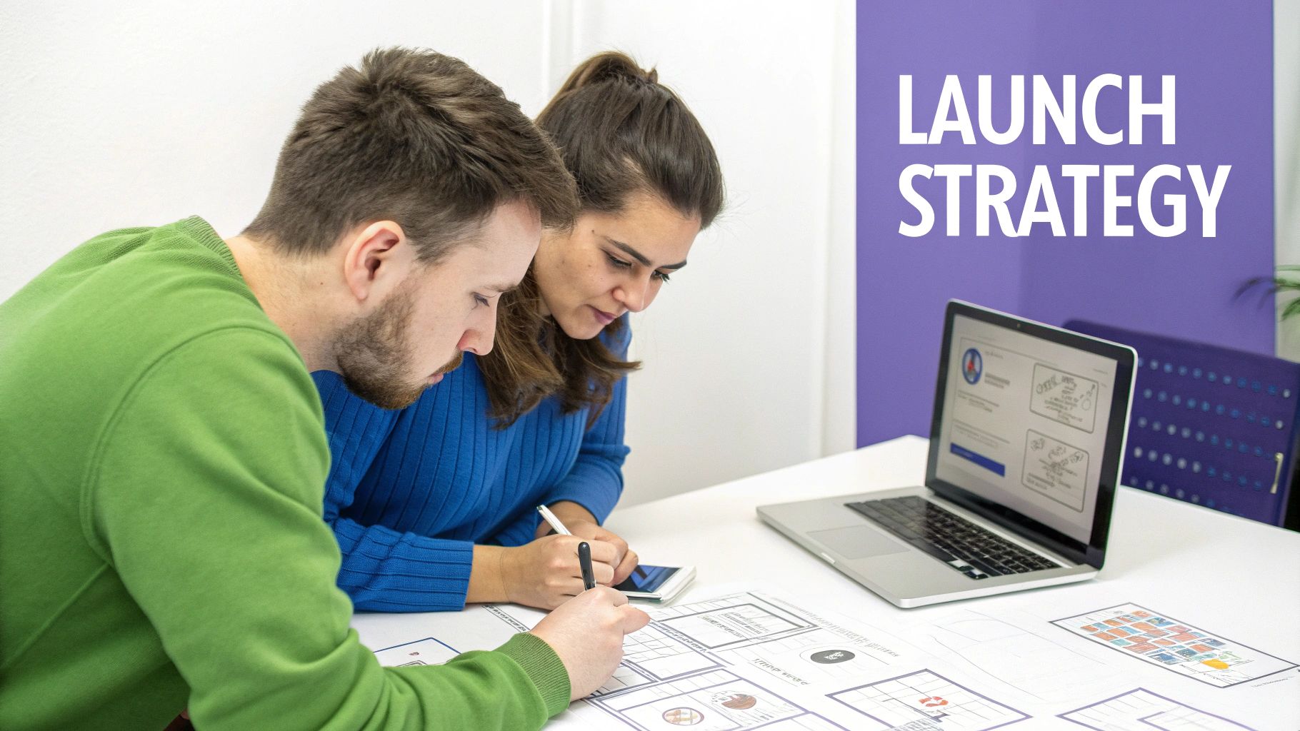 Two professionals collaboratively sketching UI/UX wireframes and planning a launch strategy with a laptop.
