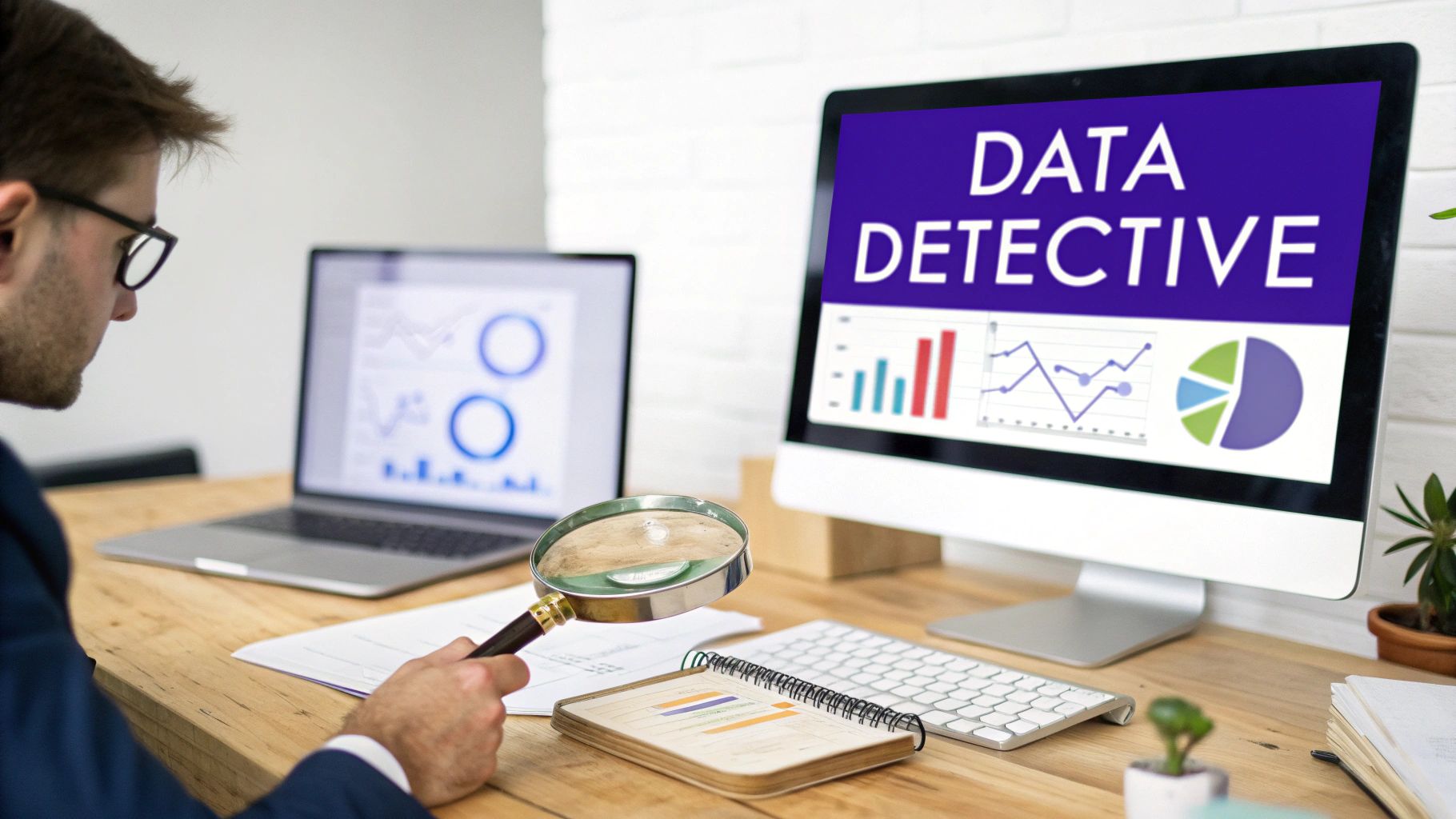 A business analyst working with data visualisations on multiple screens