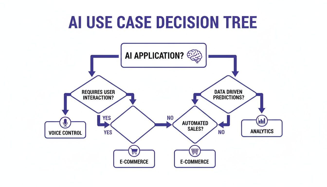 A flowchart illustrating an AI use case decision tree, guiding from AI application to voice control, analytics, or e-commerce solutions.