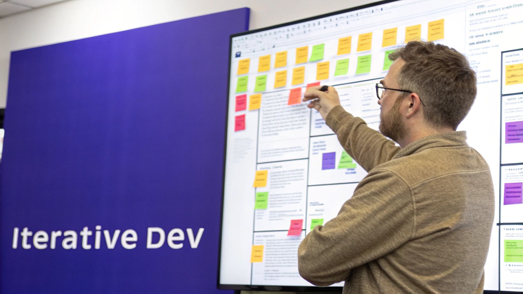A close-up of a designer's screen showing a wireframe for an enterprise mobile app.