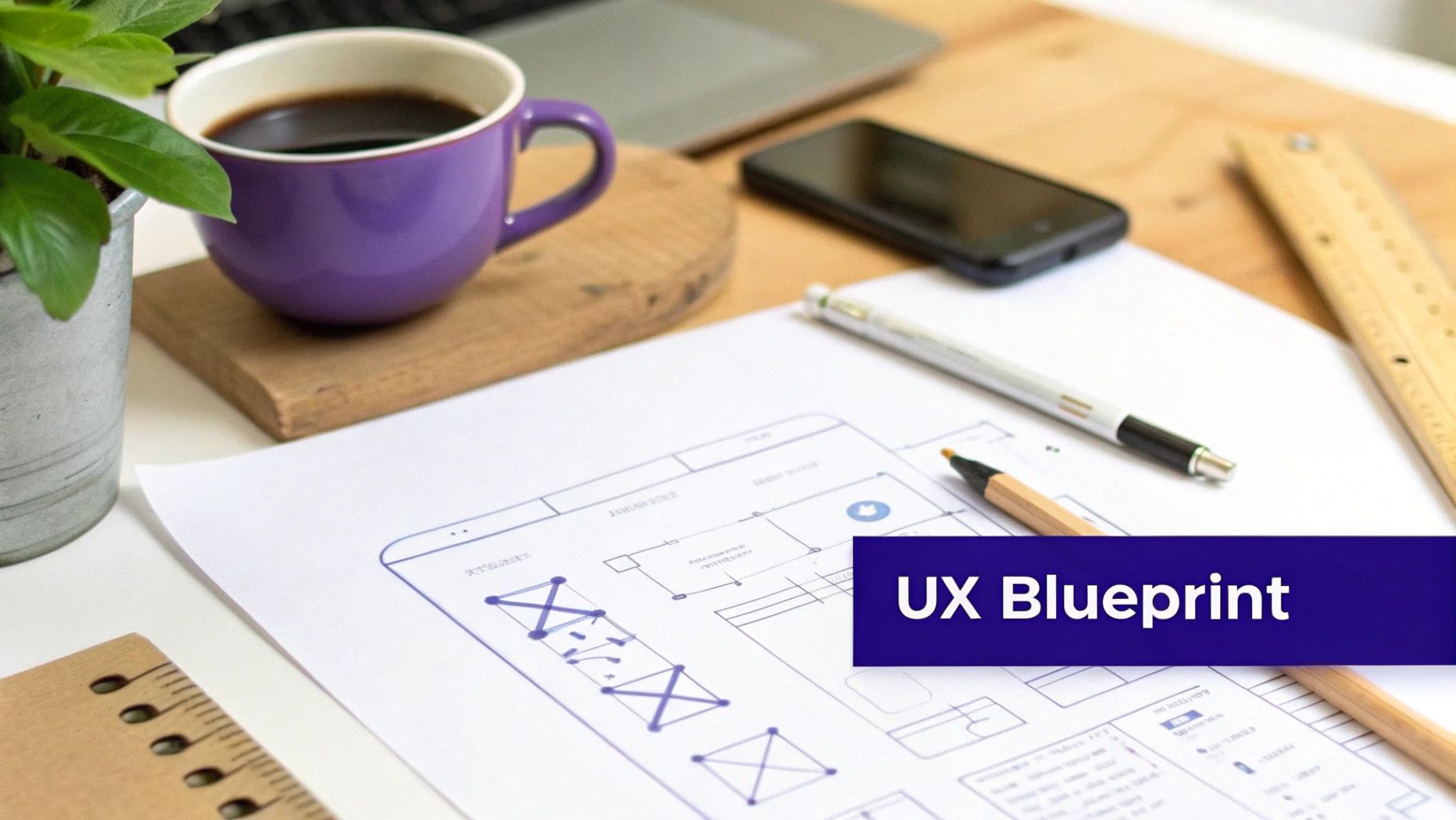 A desk with a UX blueprint, coffee, design tools, and a laptop in a creative workspace.