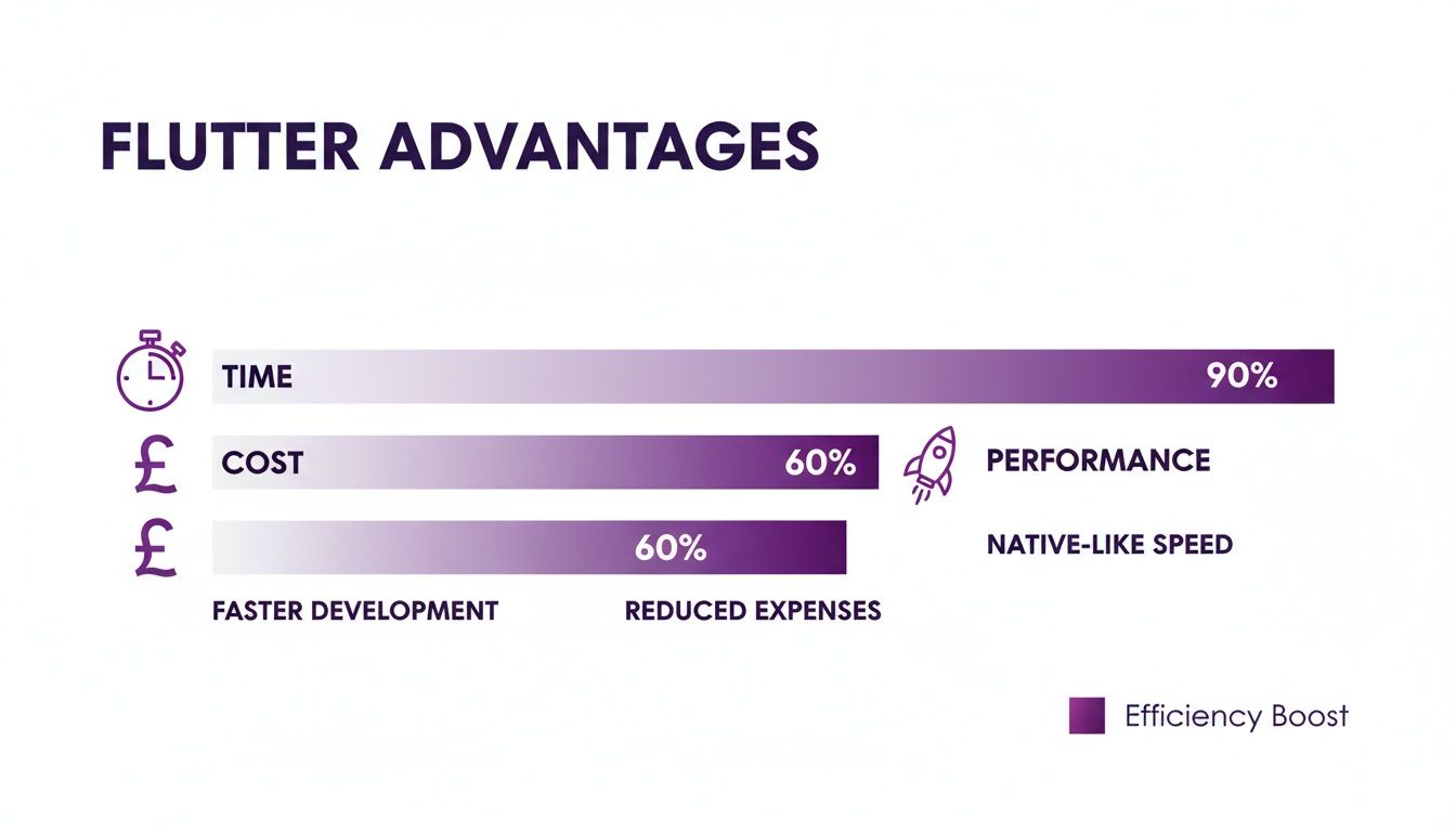 Infographic illustrating Flutter advantages, including 90% time reduction, 60% cost savings, and native-like performance.